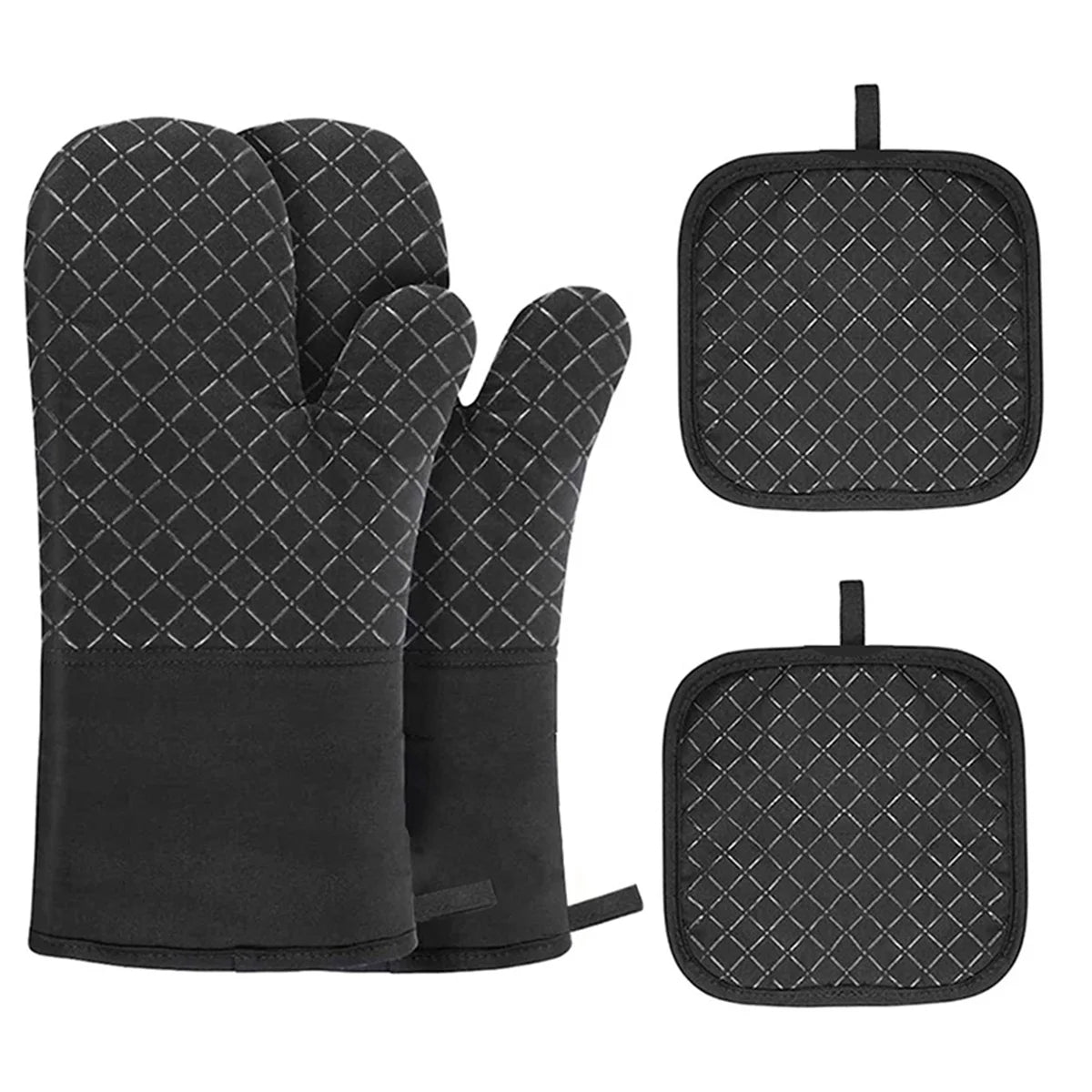 Oven Mitts and Pot Holders Sets, Heat Resistant Kitchen Oven Gloves, Non-Slip Silicone Surface, Extra Long Flexible Thick Mitts for Kitchen , Cooking , Baking , BBQ , Black, 4 Pieces