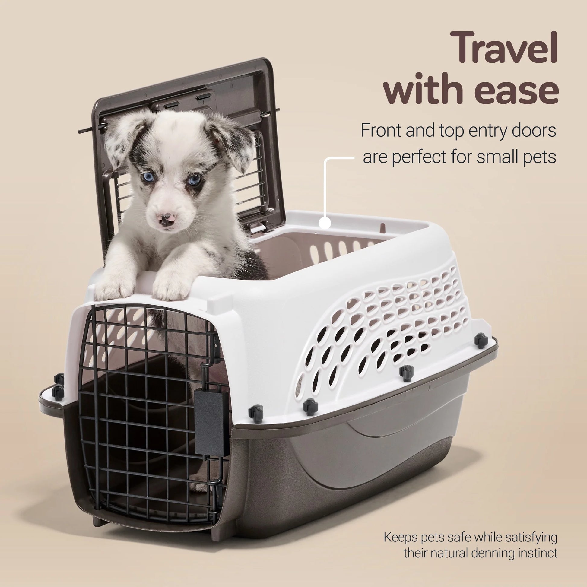 Two-Door Top Load Plastic Travel Kennel for Small Dogs and Cats, 19" - Suitable for Pets up to 10 lbs, White
