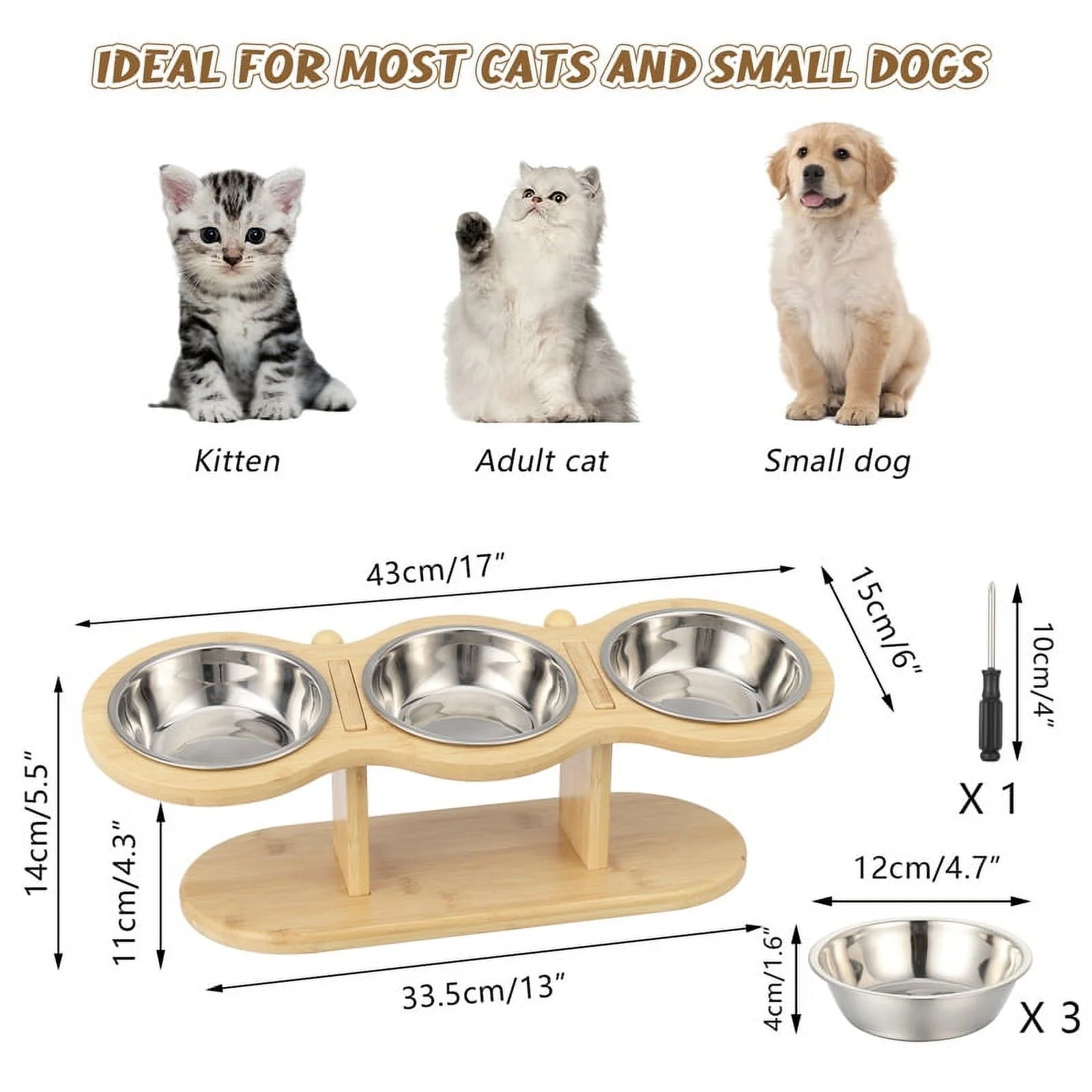 Wooden Elevated Cat Bowls, 15° Tilted Raised Pet Food Bowls, Adjustable Cat Dog Bowl Feeding Station with 3 Stainless Steel Bowls for Cats Puppy Small Dogs Feeder