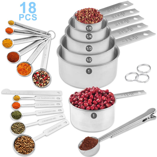 18-Piece Stainless Steel Measuring Cups and Spoons Set, 6 Stainless Steel Measuring Cups,11 Stainless Steel Measuring Spoons&1 Measuring Stick Leveler, Kitchen Tools for Cooking & Baking