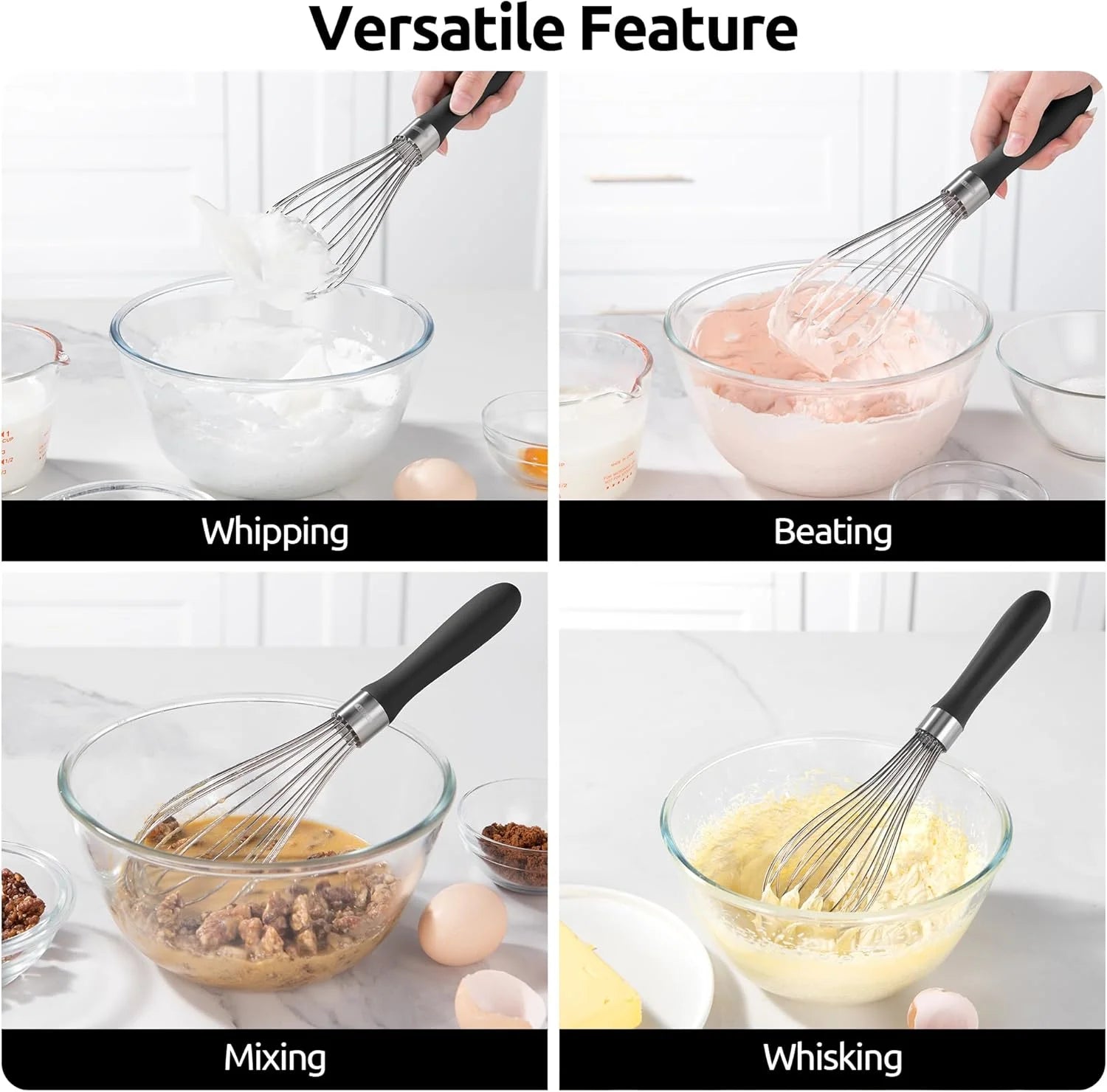 Balloon Whisk for Cooking: 18/10 Stainless Steel Kitchen Wire Whisk, Medium Heavy Duty Egg Beater, Manual Baking Mixing Tool with 8 High Flex Wires for Stirring, Blending Sauce (Black)