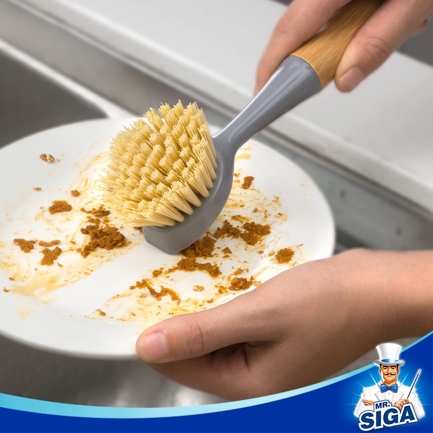 Dish Brush with Bamboo Handle Built-In Scraper, Scrub Brush for Pans, Pots, Kitchen Sink Cleaning, 2 Pack