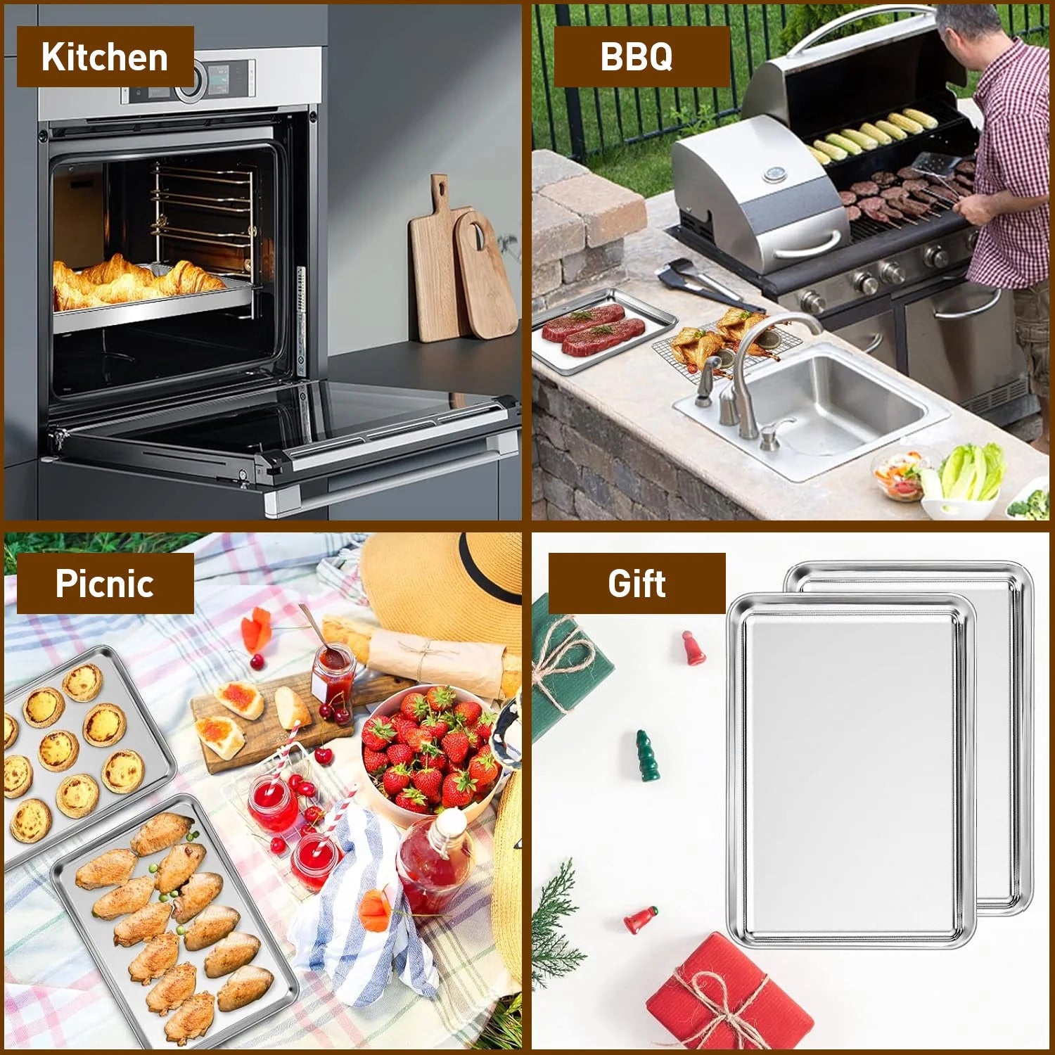 2 Piece Baking Cookie Sheet Set,15" X 11" Stainless Steel Food Baking Tray,Non Stick Rectangle Metal Flat Bakeware Dishwasher Safe