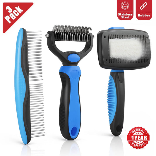 Pet Hair Brush & Grooming Comb Set - Self Cleaning Slicker Brush & Deshedding Comb for Dogs & Cats