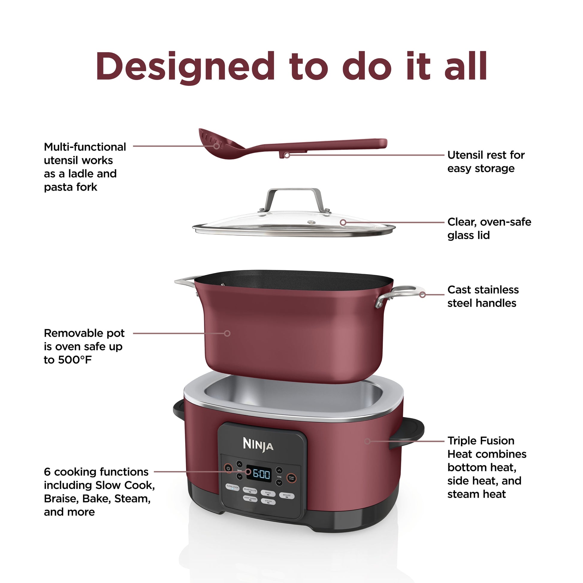 Foodi Possible Cooker, 8.5 Quart, 6-In-1 Multi-Cooker, Slow Cooker, Steamer, Glass Lid Integrated Cooking Utensil, Nonstick, Oven Safe Pot to 500°F, Cherry Tarte, MC1000WM