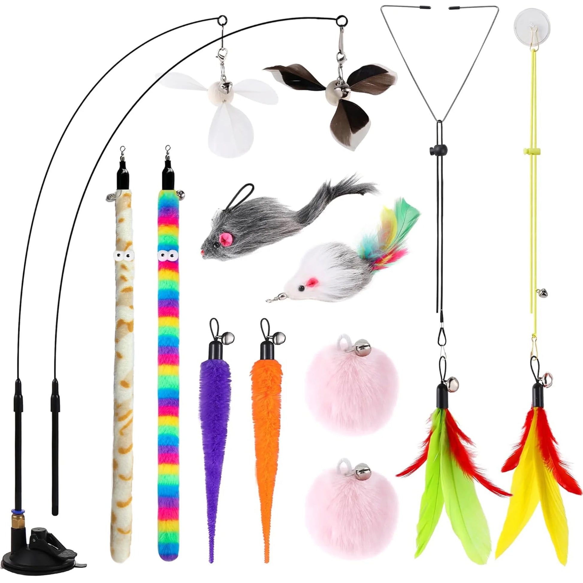 4-in-1 Interactive Cat Feather Toy Set with 12 Durable Teaser Replacements, Enhanced Suction Cup Wand, and Dual Door Hanging String Toys for Indoor Kittens