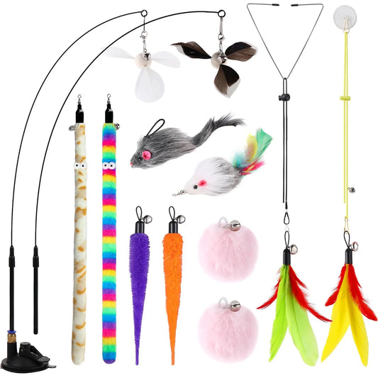 4-in-1 Interactive Cat Feather Toy Set with 12 Durable Teaser Replacements, Enhanced Suction Cup Wand, and Dual Door Hanging String Toys for Indoor Kittens