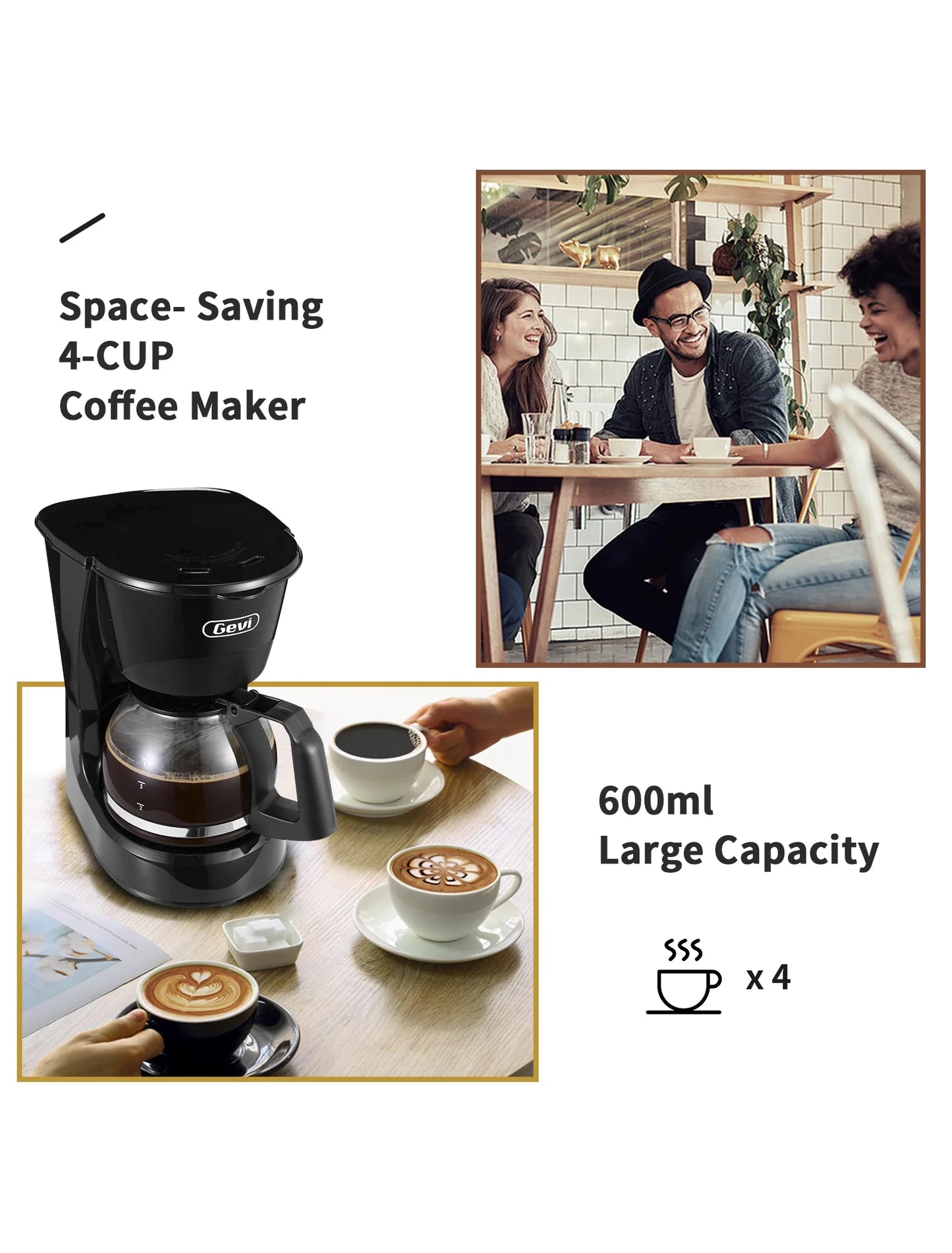 4 Cup Automatic Drip Coffee Maker with Reusable Filter, One Button Control New Condition, 600Ml, Black