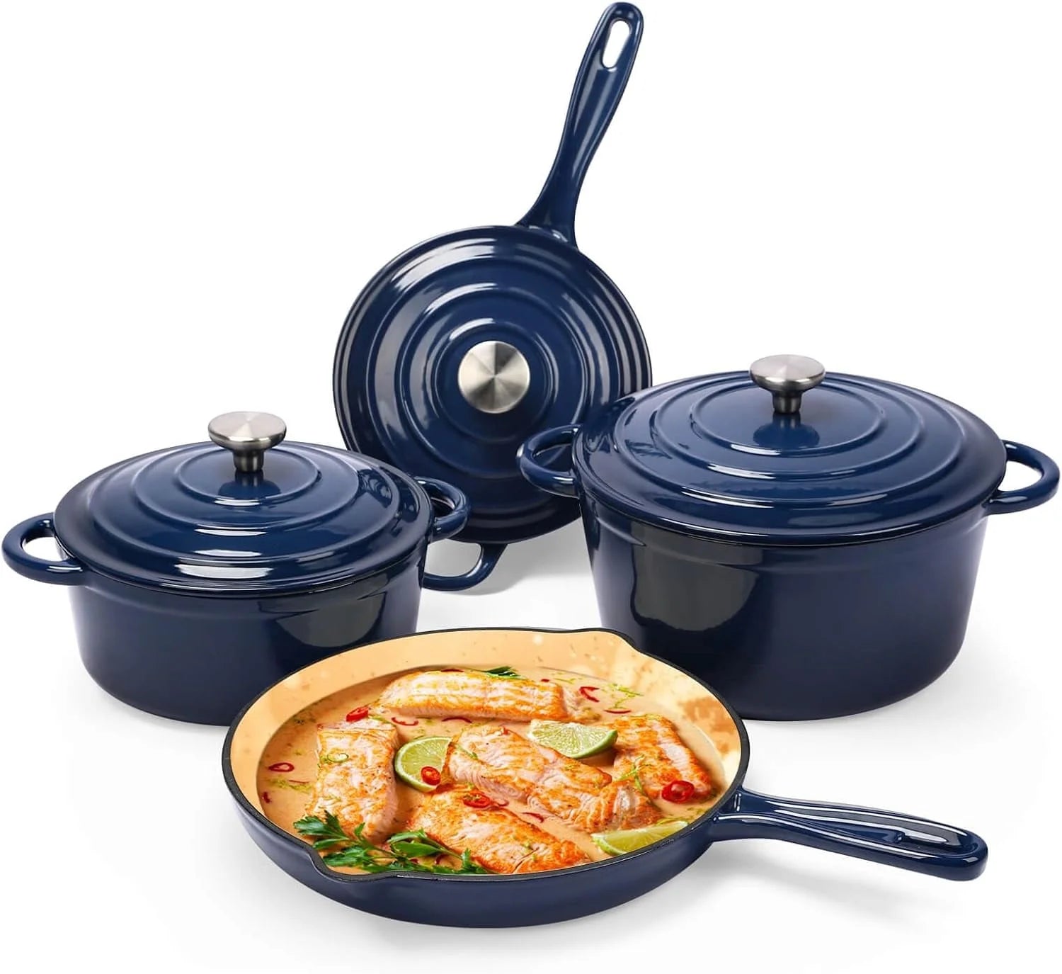 Enameled Cast Iron Cookware Set, 7 Piece Set of Dutch Ovens, Sauce Pan, Skillet, 3 Lids, Dutch Oven Set, Nonstick Ceramic Coated, Gas/Induction Compatible, PFA Free, Come with Organizer, Navy
