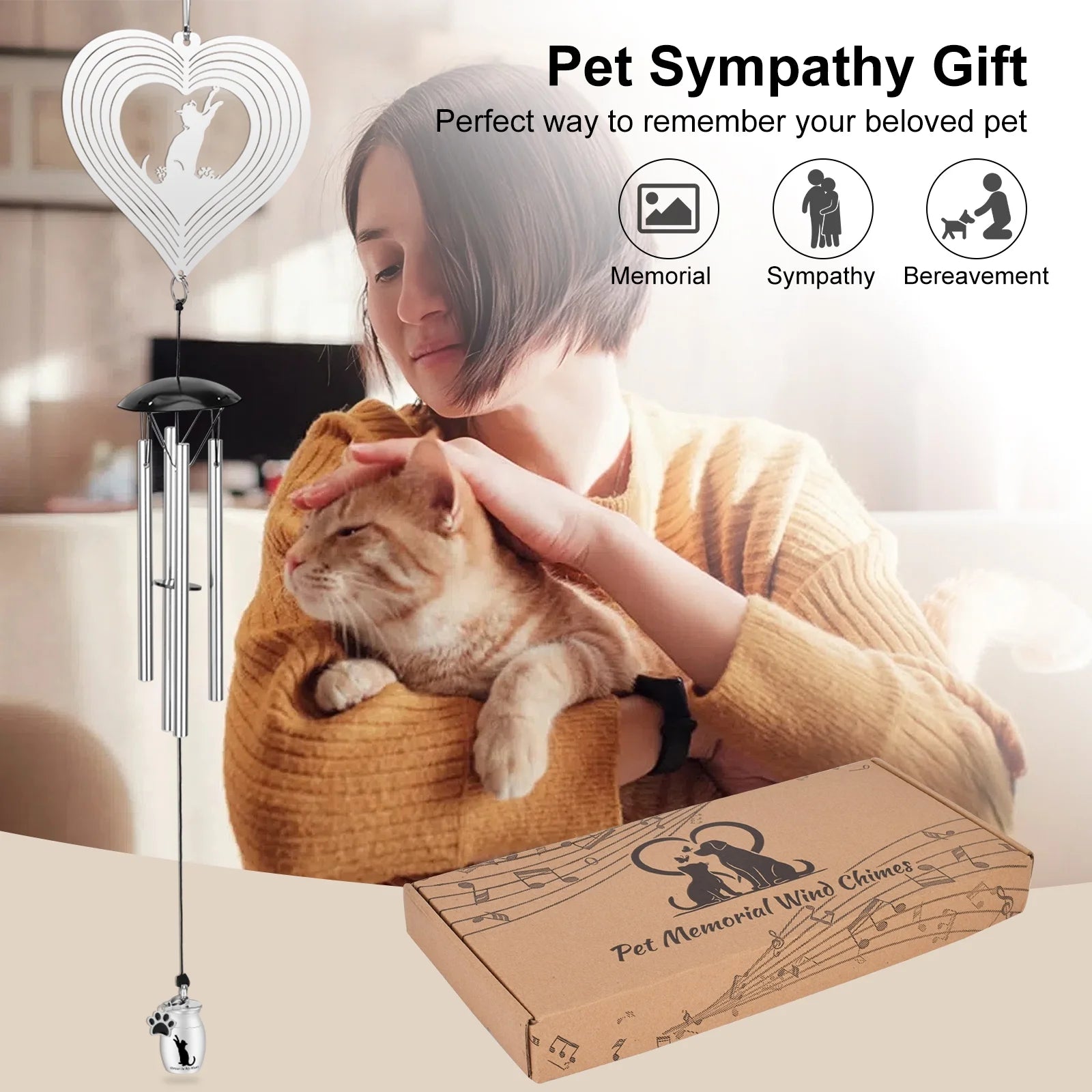 Pet Memorial Wind Chimes with Pet Urns,Cat Memorial Wind Spinner Gifts for Loss of Cat,Sympathy Gift for Garden Yard Decorations