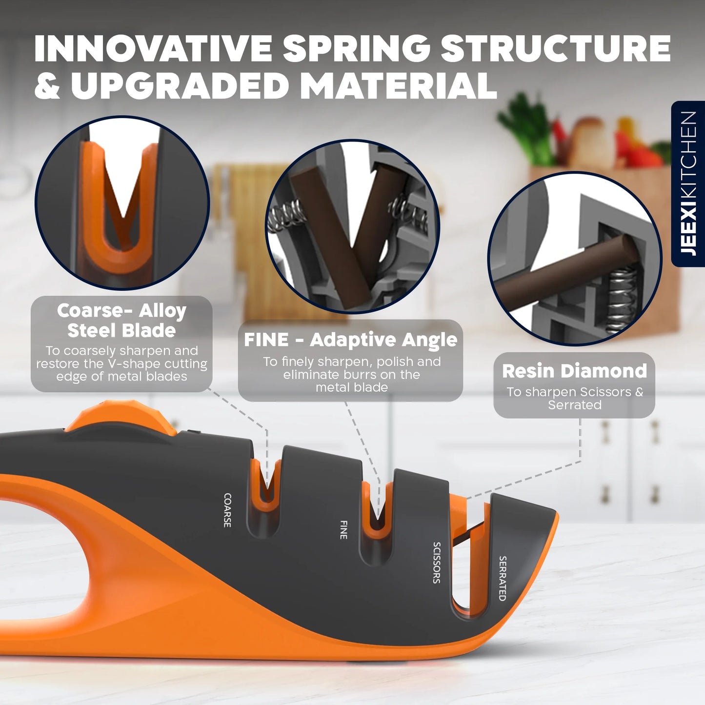 Adjustable 3-Stages Knife Sharpener – 5 Angle Manual Sharpener for Kitchen, Chef, Hunting, Fillet, Pocket, Cleaver & Serrated Knives – Ergonomic Handle, Scissor Slot, Coarse & Fine Stages
