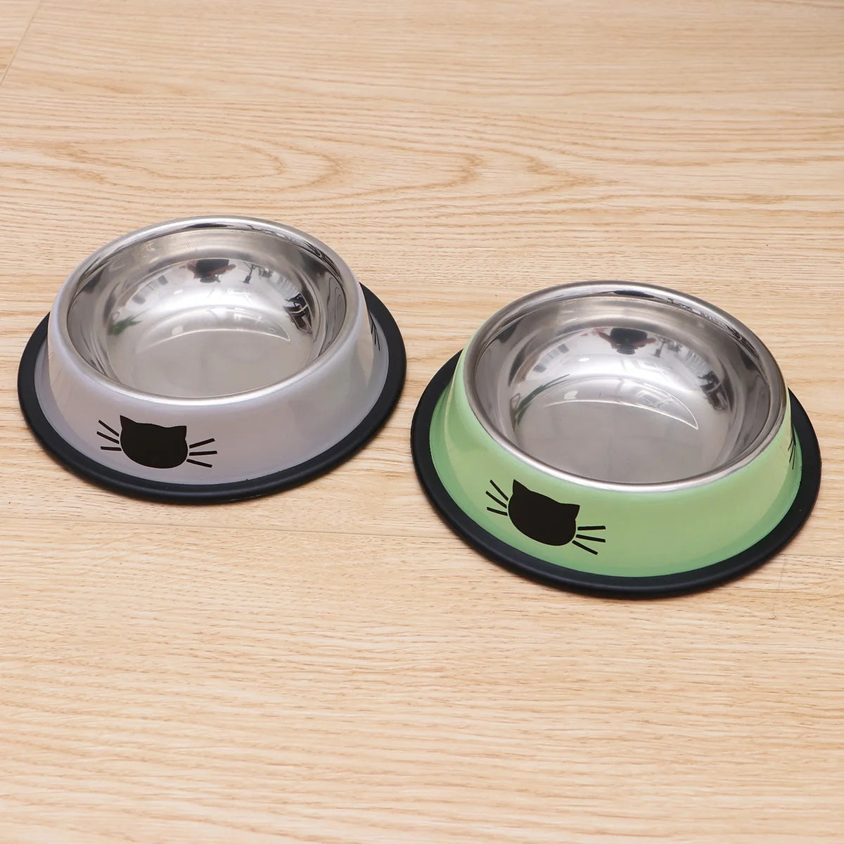 2Pc Stainless Steel Cat Bowl for Dish Water Dog Food Bowl Pet Kitten Cat Feeder (Grey and Green)