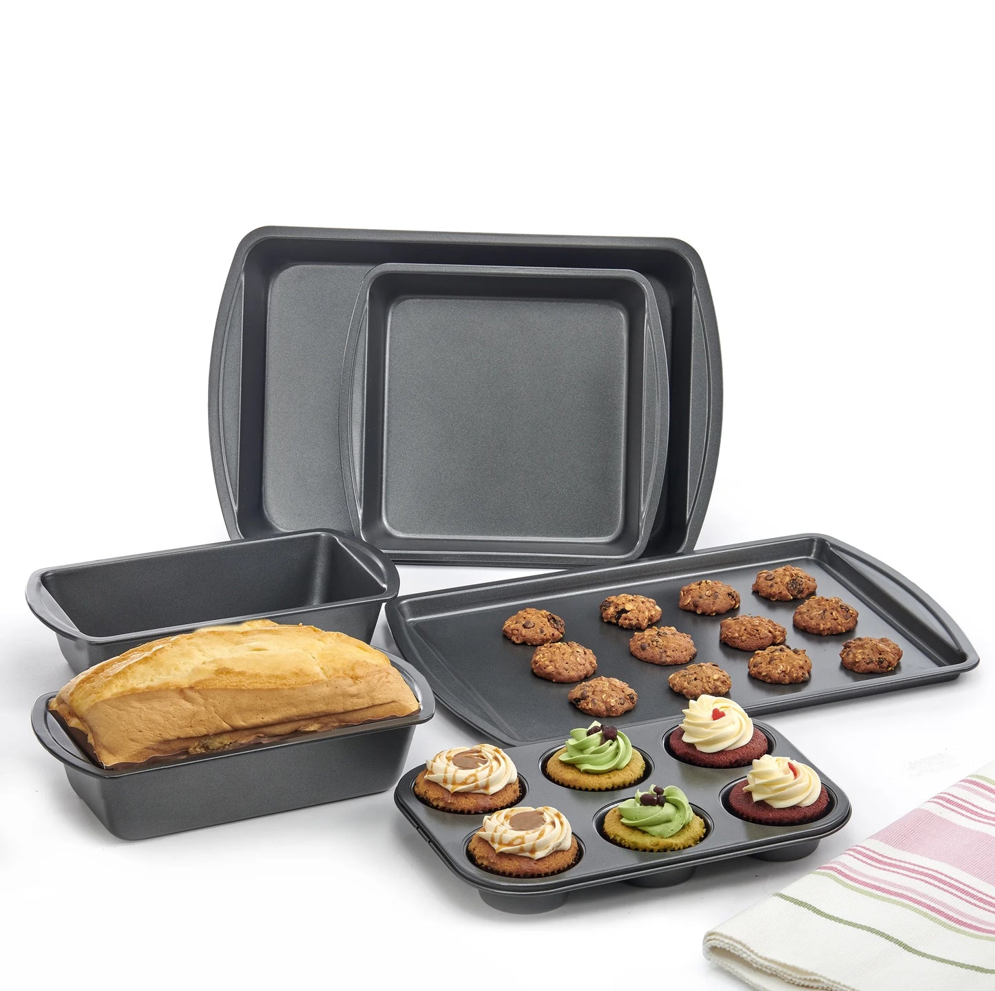 6 Piece Non-Stick Carbon Steel Bakeware Set with Cake, Muffin, Cookie and Loaf Pans, Gray
