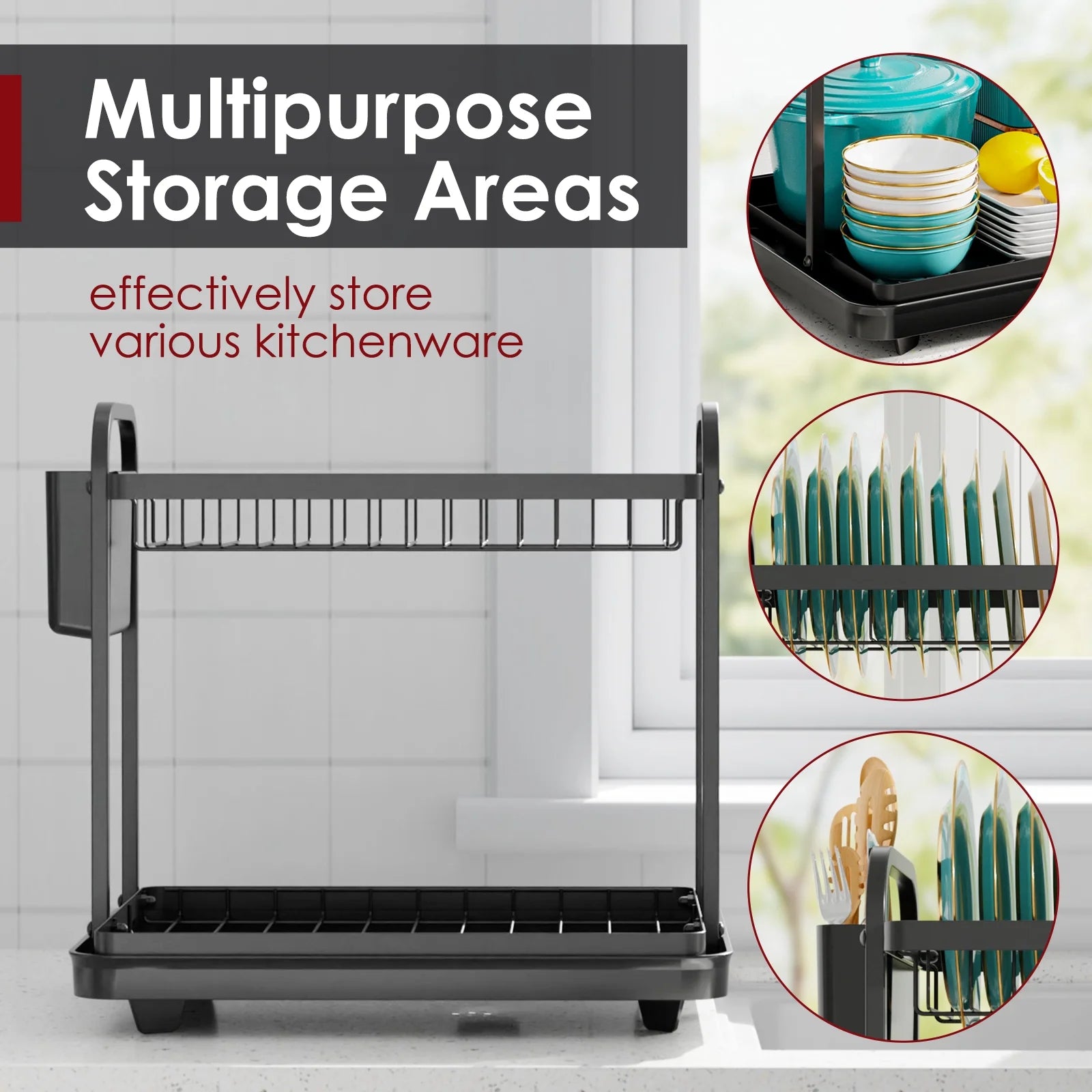 Dish Drying Rack, 2-Tier Stainless Steel Dish Racks, Dish Drainer for Kitchen Counter, Black