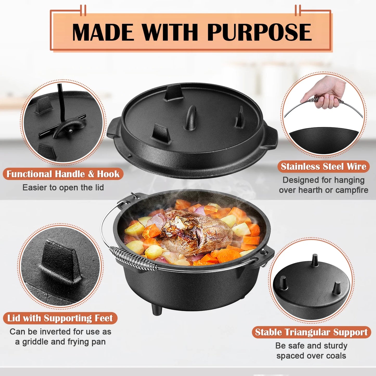 5 QT Cast Iron Dutch Oven, 2 in 1 Pre-Seasoned Camping Pot with Reversible Lid and Lid Lifter Handle, Multifunctional Cookware Pot for Camping Cooking BBQ Baking