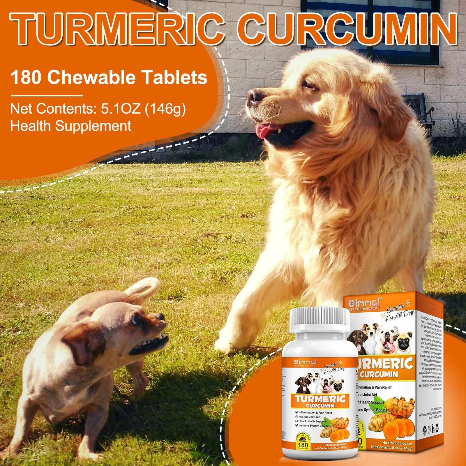 Turmeric Curcumin for Dogs - Dogs Hip and Joint Aid + Support - Heart & Immune Support - Health Supplement with Organic Turmeric, Vitamin B - 180 Chewable Tablets