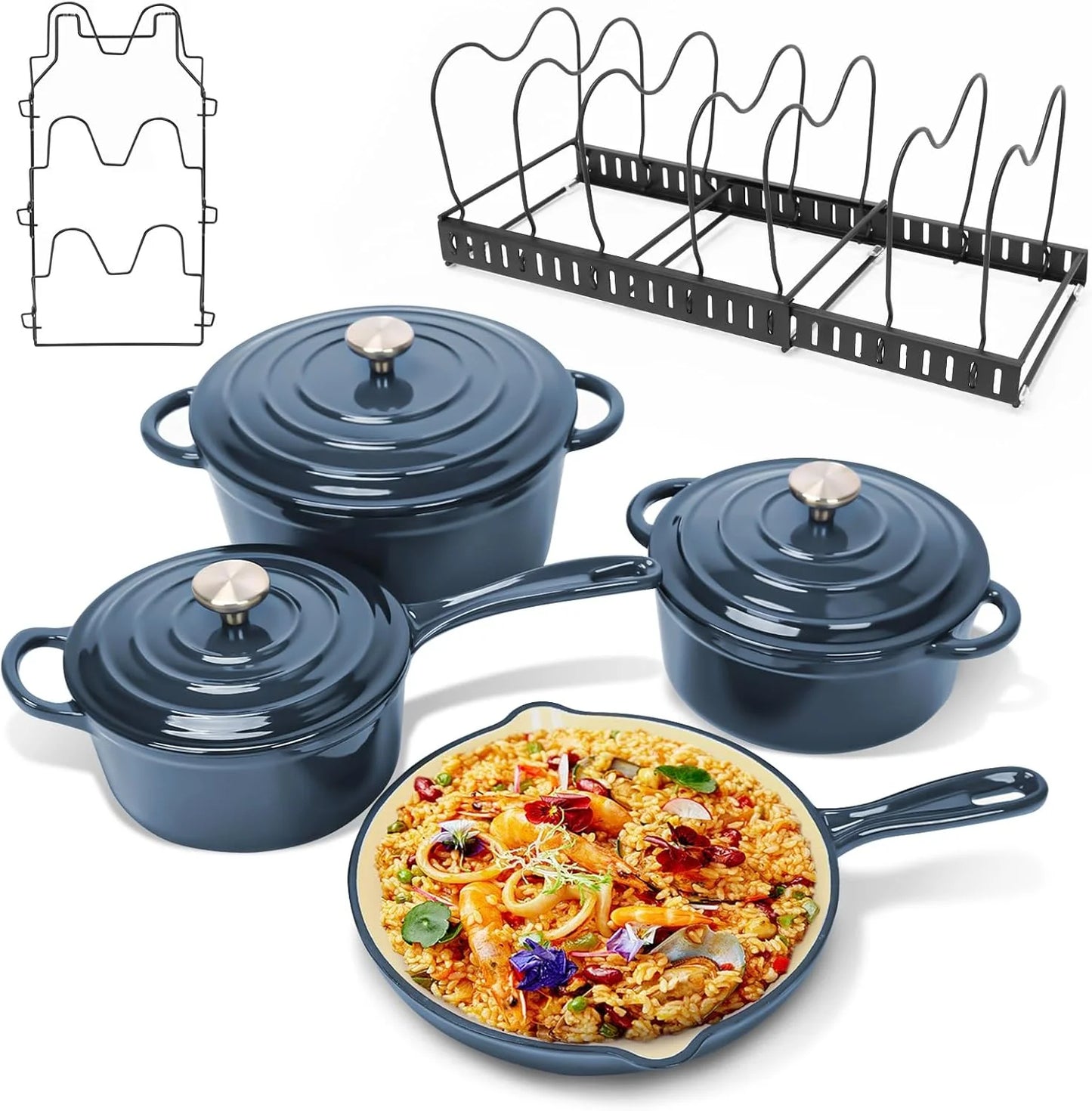 Enameled Cast Iron Cookware Set, 7 Piece Set of Dutch Ovens, Sauce Pan, Skillet, 3 Lids, Dutch Oven Set, Nonstick Ceramic Coated, Gas/Induction Compatible, PFA Free, Come with Organizer, Navy