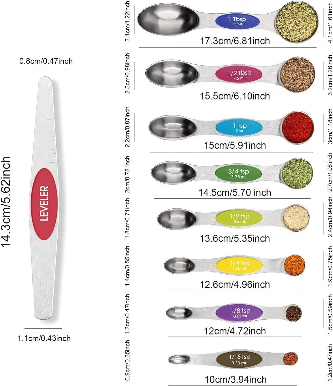 Magnetic Measuring Spoons Set Stainless Steel with Leveler-9Pcs Multicolors Measuring Cups Set for Baking, Measuring Cups and Spoon Set Kitchen Gadgets Apartment Essentials Fits in Spice Jars