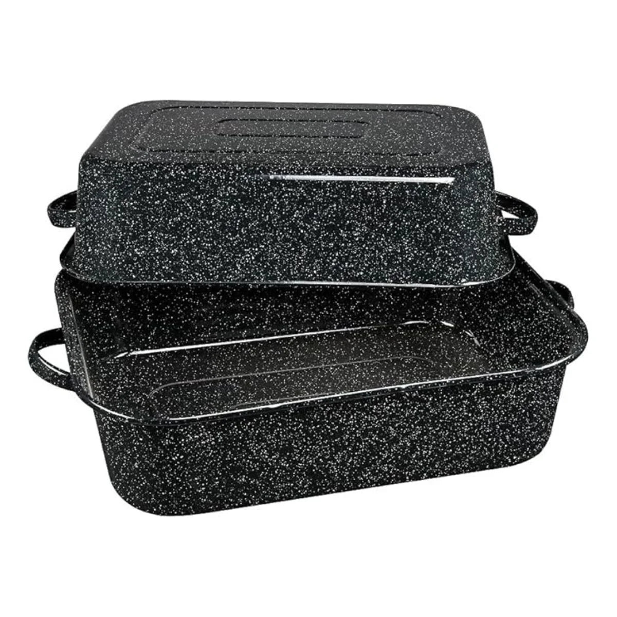 21 in Oven Rectangular Roaster with Lid. (Speckled Black) - Accommodates up to 25 Lb Poultry or Roast.