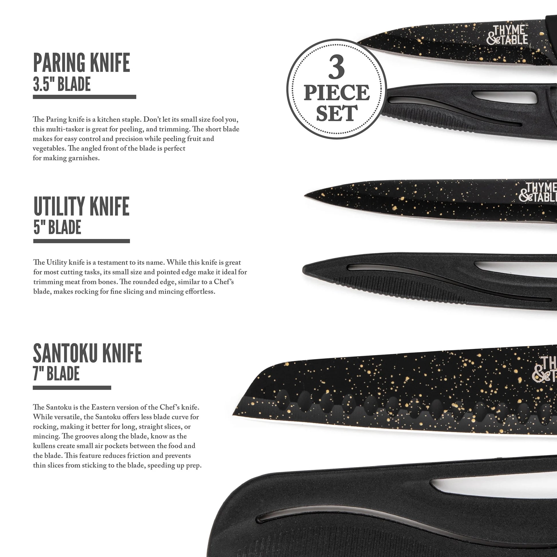 Non-Stick Coated High Carbon Stainless Steel Speckled Kitchen Knives, 3 Piece Set