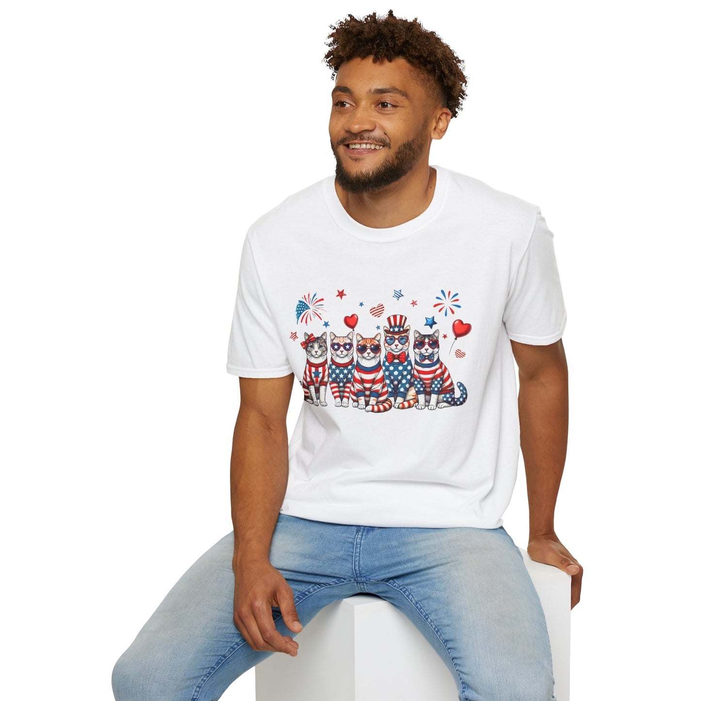 Patriotic Cat Unisex Softstyle T-Shirt for Fourth of July Celebrations