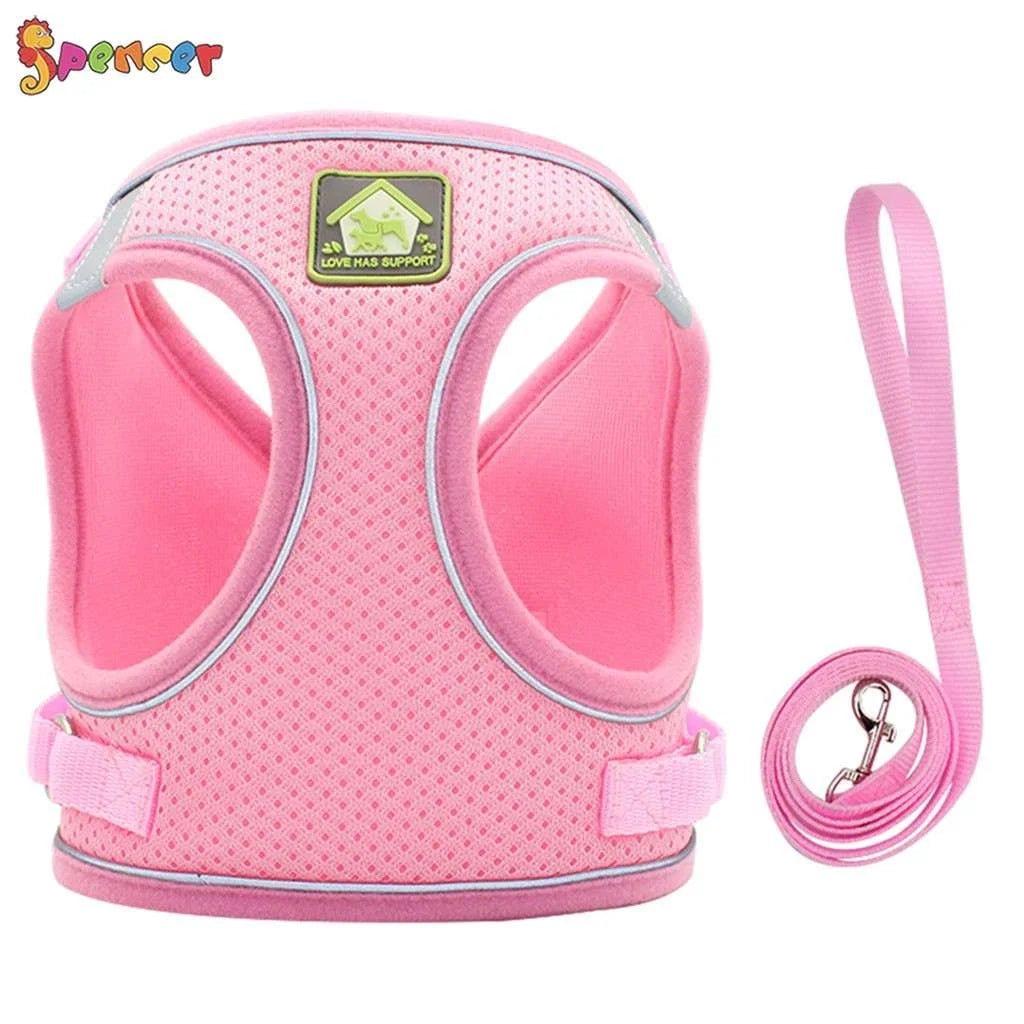 Adjustable No-Pull Pet Harness and Leash Set for Small Dogs and Cats - Reflective Mesh Soft Corduroy for Outdoor Walking and Travel, Pink, Medium