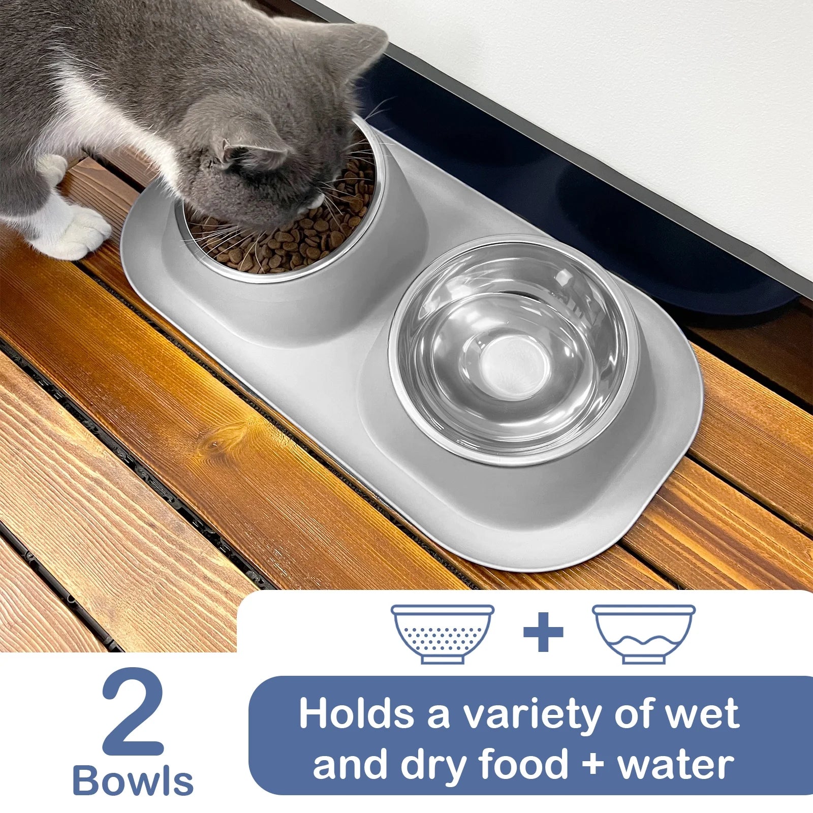 Elevated Stainless Steel Pet Food Bowl with Stands, Raised Dog Cat Feeding Bowls Set Suitable for Cats and Small Dogs, Gray
