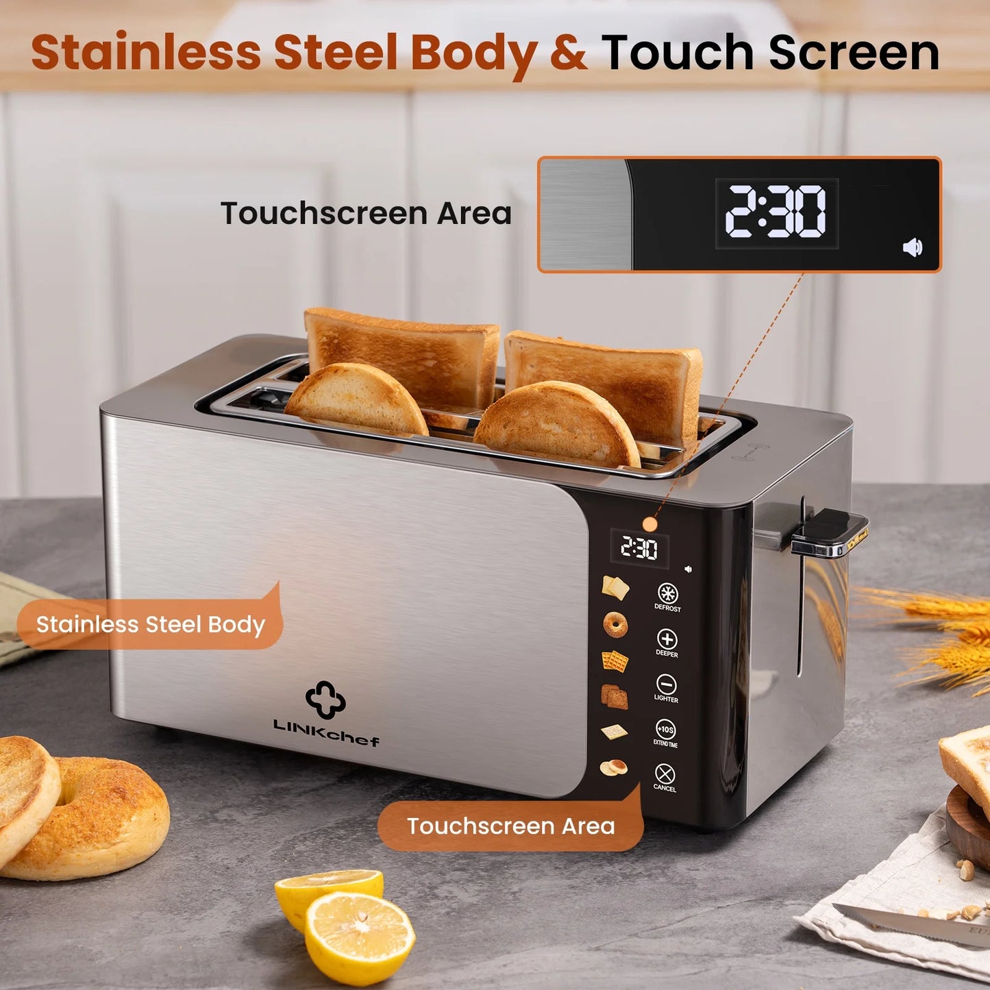 4-Slice Toaster – Touch Screen Control, Extra-Wide 1.5" Slots, Stainless Steel | Smart Toaster with Timer, Defrost & Reheat Functions