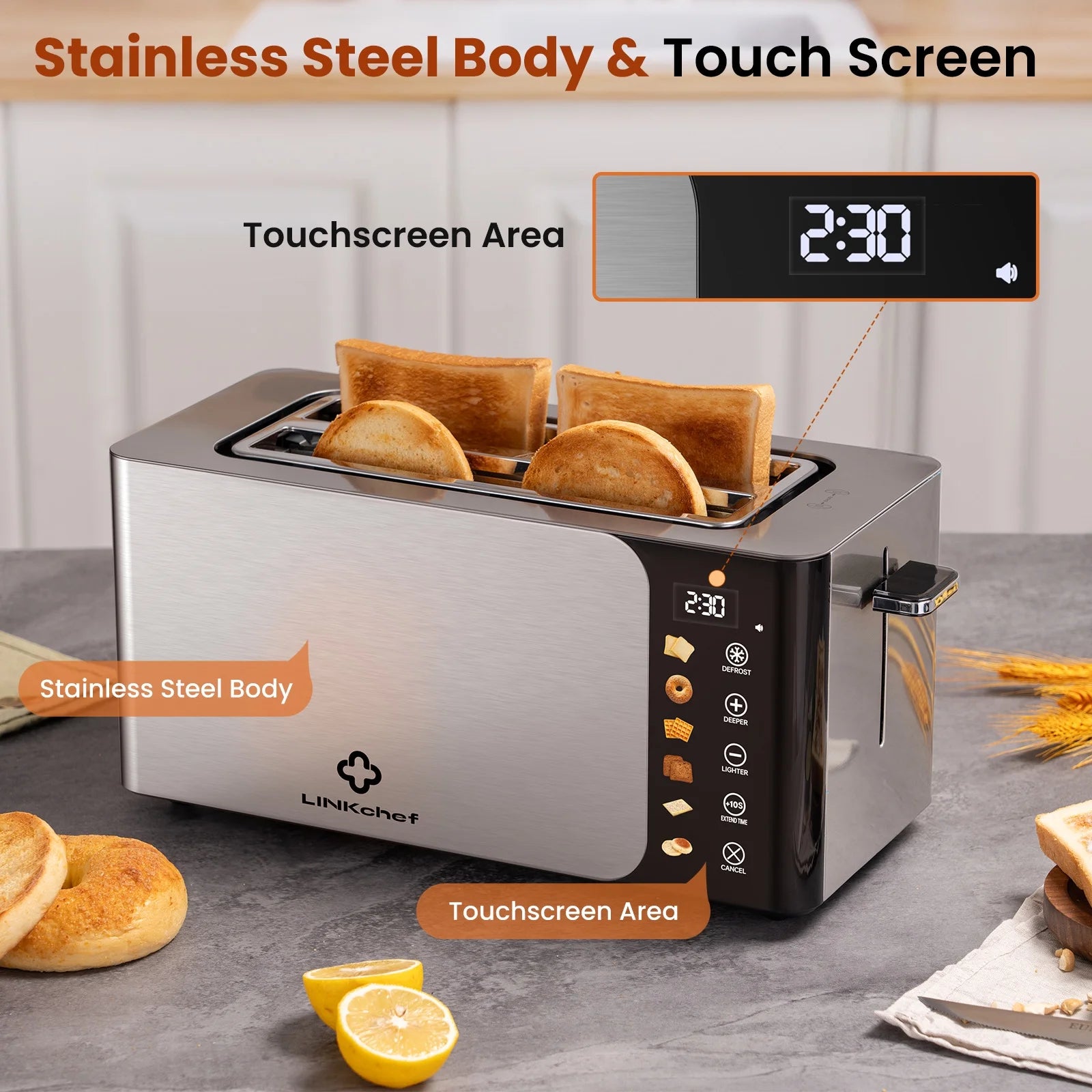 4-Slice Toaster – Touch Screen Control, Extra-Wide 1.5" Slots, Stainless Steel | Smart Toaster with Timer, Defrost & Reheat Functions