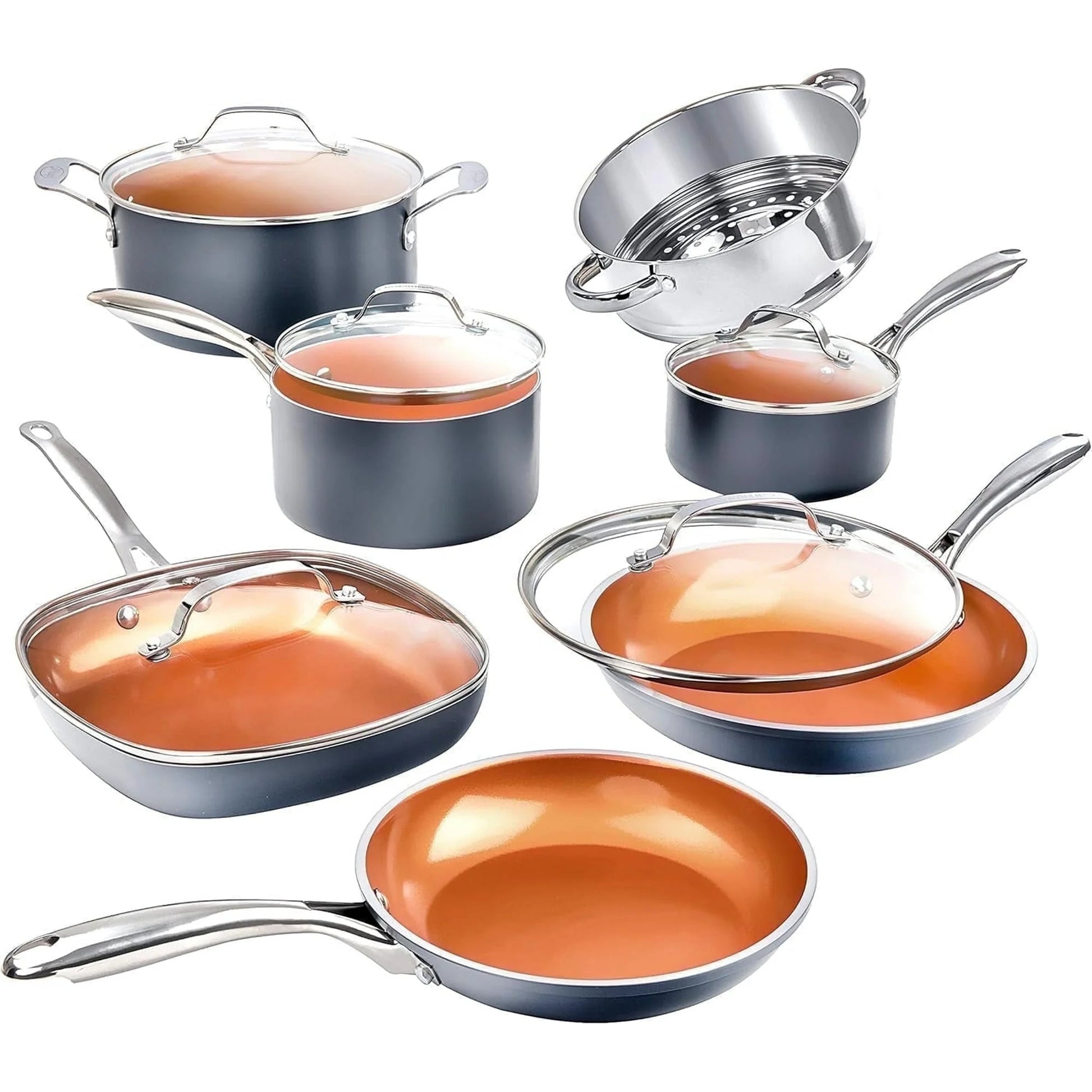 Nonstick Pots and Pans 12 Piece Set Ceramic Cookware Kitchen Set with Frying Skillet, Saucepan, Lids, Gray