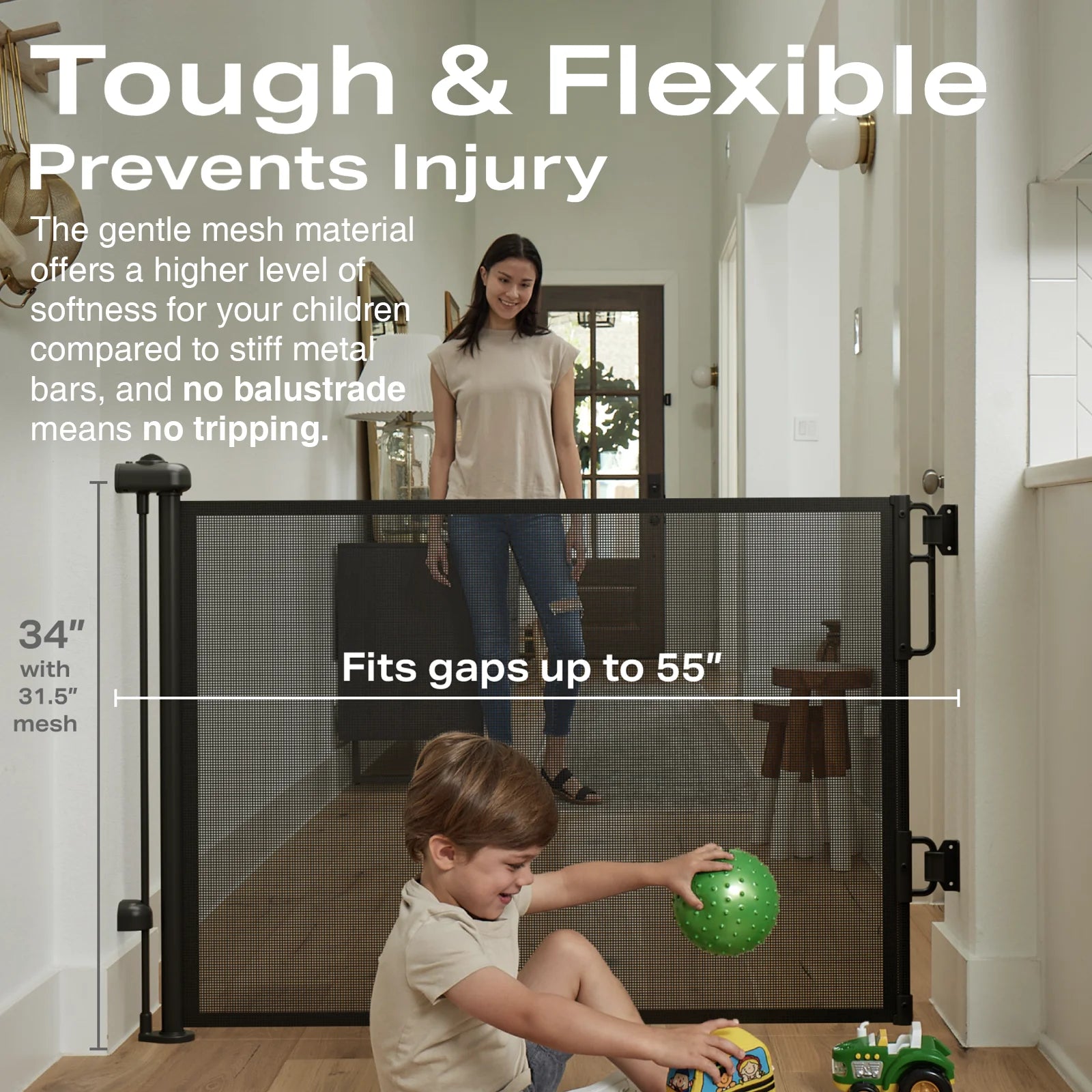 55-Inch Wide Retractable Baby Gate for Doorways, Indoor and Outdoor Mesh Dog Barrier, One-Hand Operable Child Safety Gate for Stairs - Black