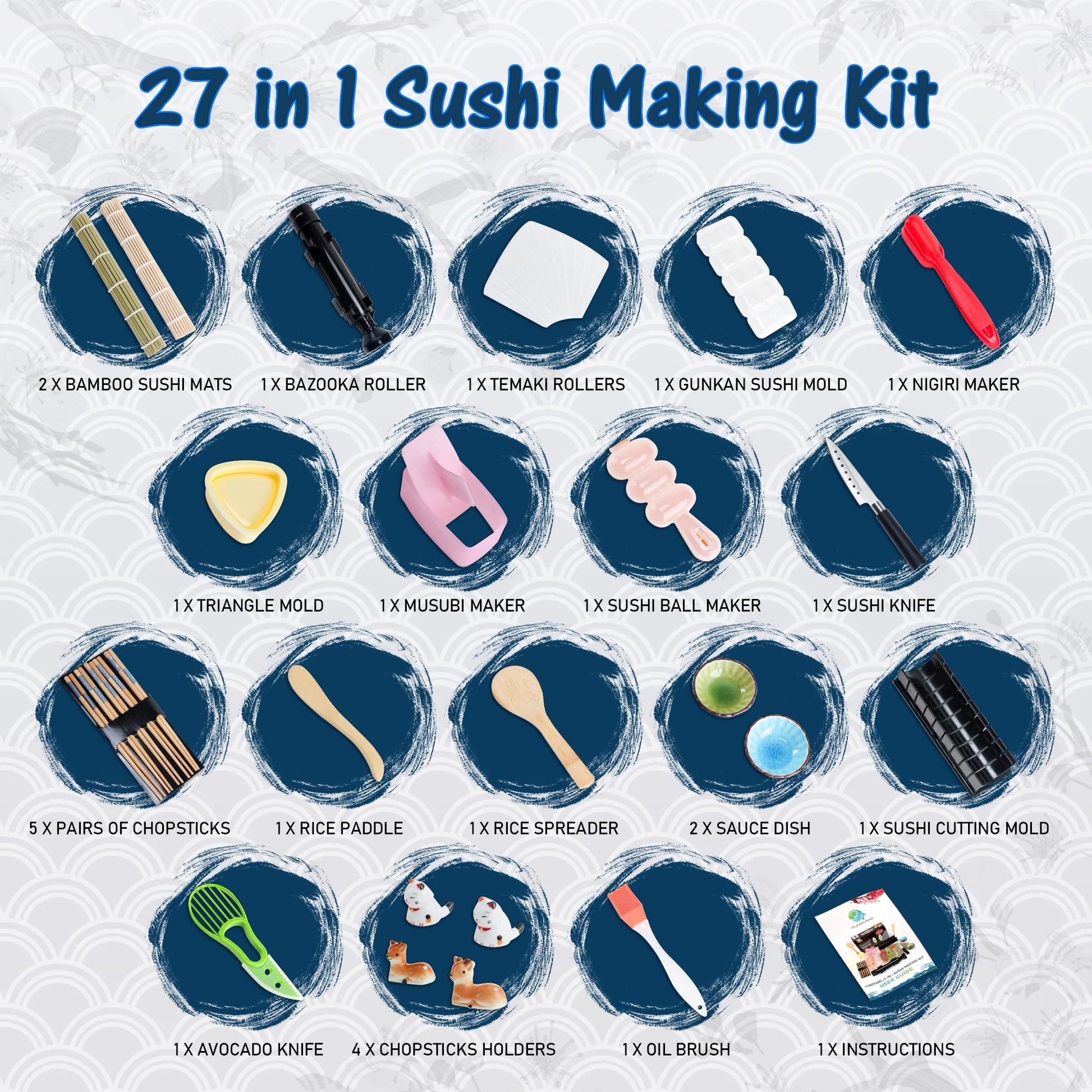 27 Pcs Sushi Making Kit with Bamboo Rolling Kit Sushi Bazooka Maker, Dishwasher Safe