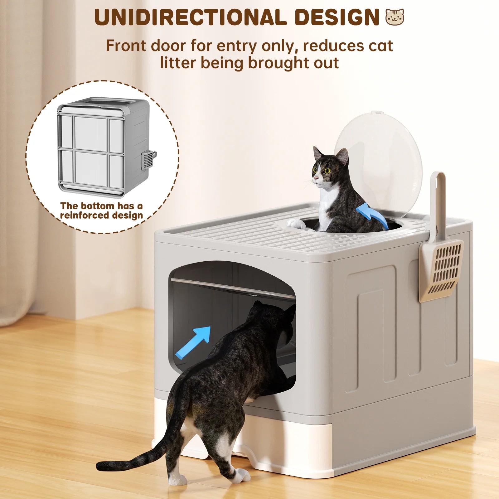 Extra Large Foldable Cat Litter Box with Litter Scoop, Front Entry Top Exit Cat Litter Pan with Lid, Enclosed Anti-Splashing Kitty Litter Box, Drawer Type Cat Litter Easy Cleaning and Scoop, Gray