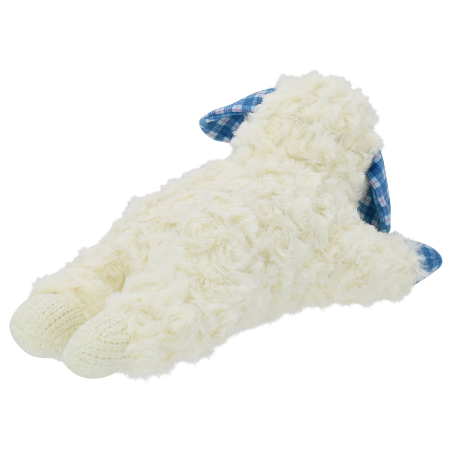 Medium Lamb Chop Dog Toy with Blue Plaid Ears and Paws, Featuring Squeaker