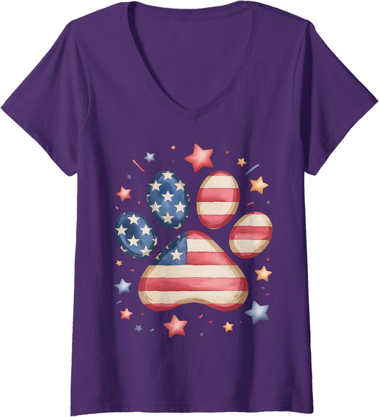 American Flag Patriotic Dog Cat Paw Print 4Th of July Ladies' V-Neck Tshirt
