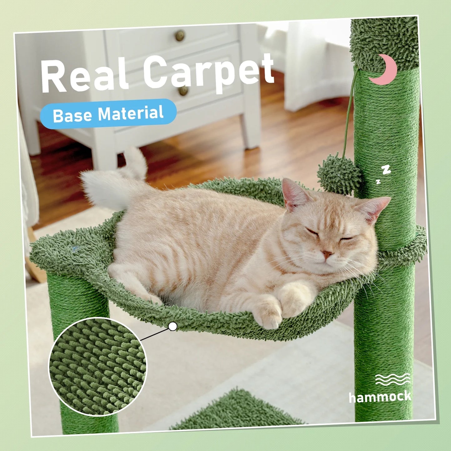 33-Inch Cactus Cat Scratching Post with Spacious Hammock for Indoor Cats - Green