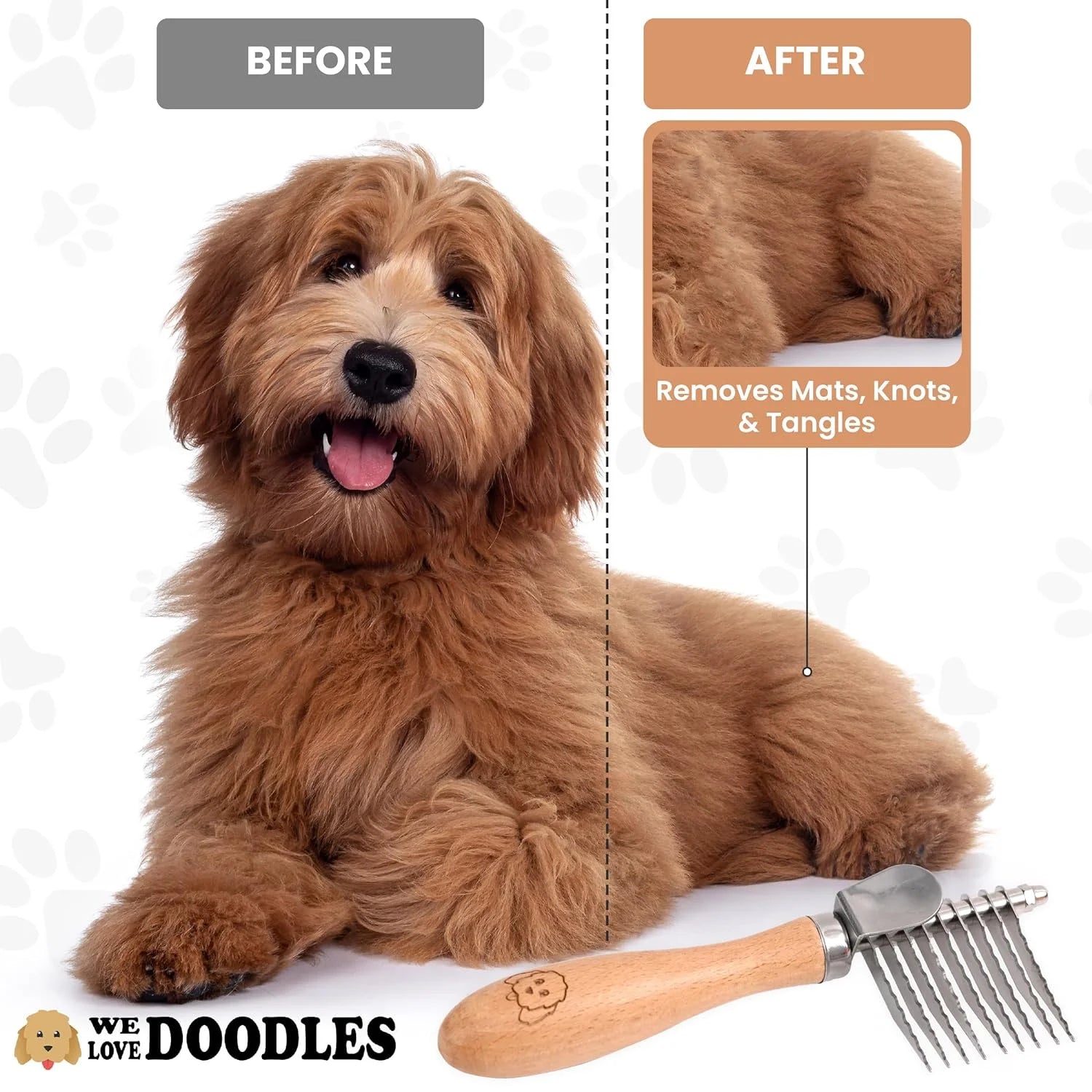 Dog Dematting Brush & Rake, Detangler Brush for Dogs, Comb Tool for Grooming, Best for Doodles, Poodles, Goldendoodles, Cats & Other Pets, Matted Fur Removal on Undercoat