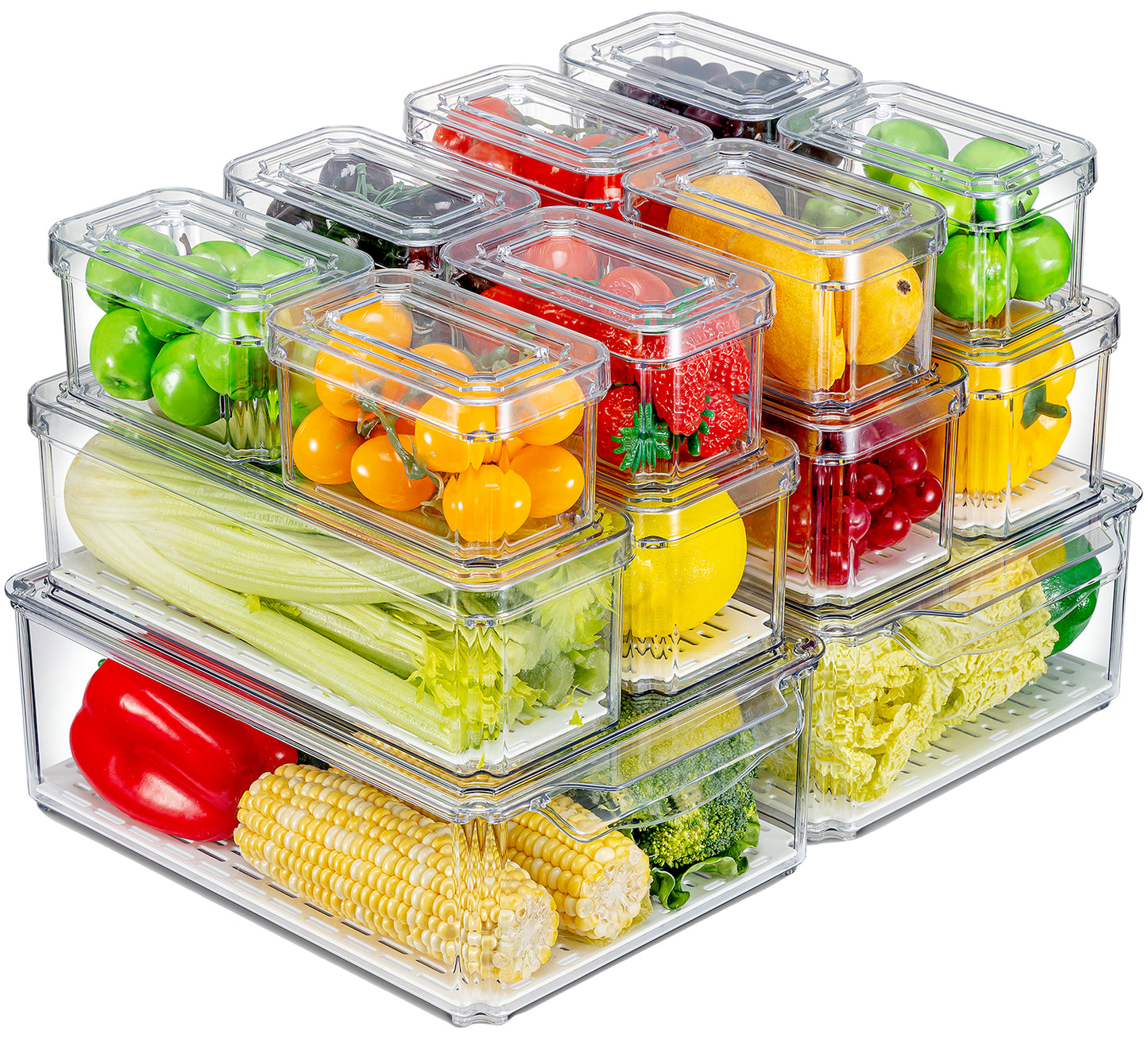 14 Pcs Fridge Organizers and Storage, Clear, Stackable with Lids for Fruit & Vegetables