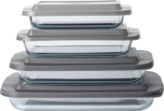 8-Pc Glass Baking Dish Set with Lids, Microwave-Safe Glass Bakeware Set, Grey