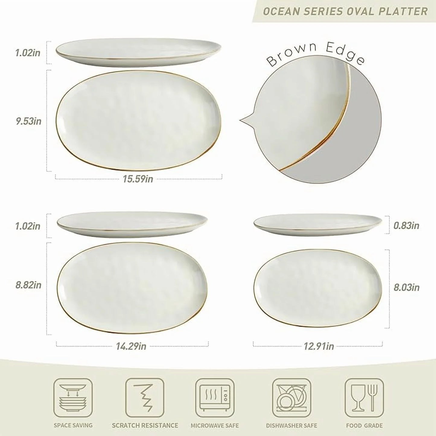 Famiware Serving Platter, Oval 15.59/14.3/12.9Inch Serving Dishes for Entertaining, Serving Bowls, Microwave Safe, Stoneware Serving Trays for Party, Food, Turkey, Cheese, Ocean Series, Vanilla White
