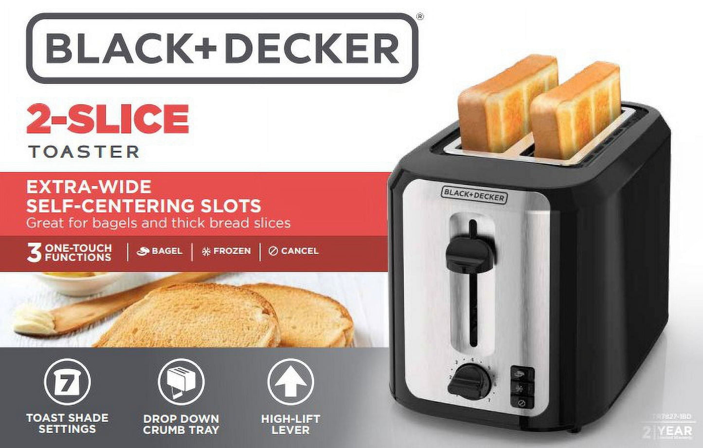 2-Slice Toaster, with Extra-Wide Slots and Bagel Function, Black with Stainless Steel