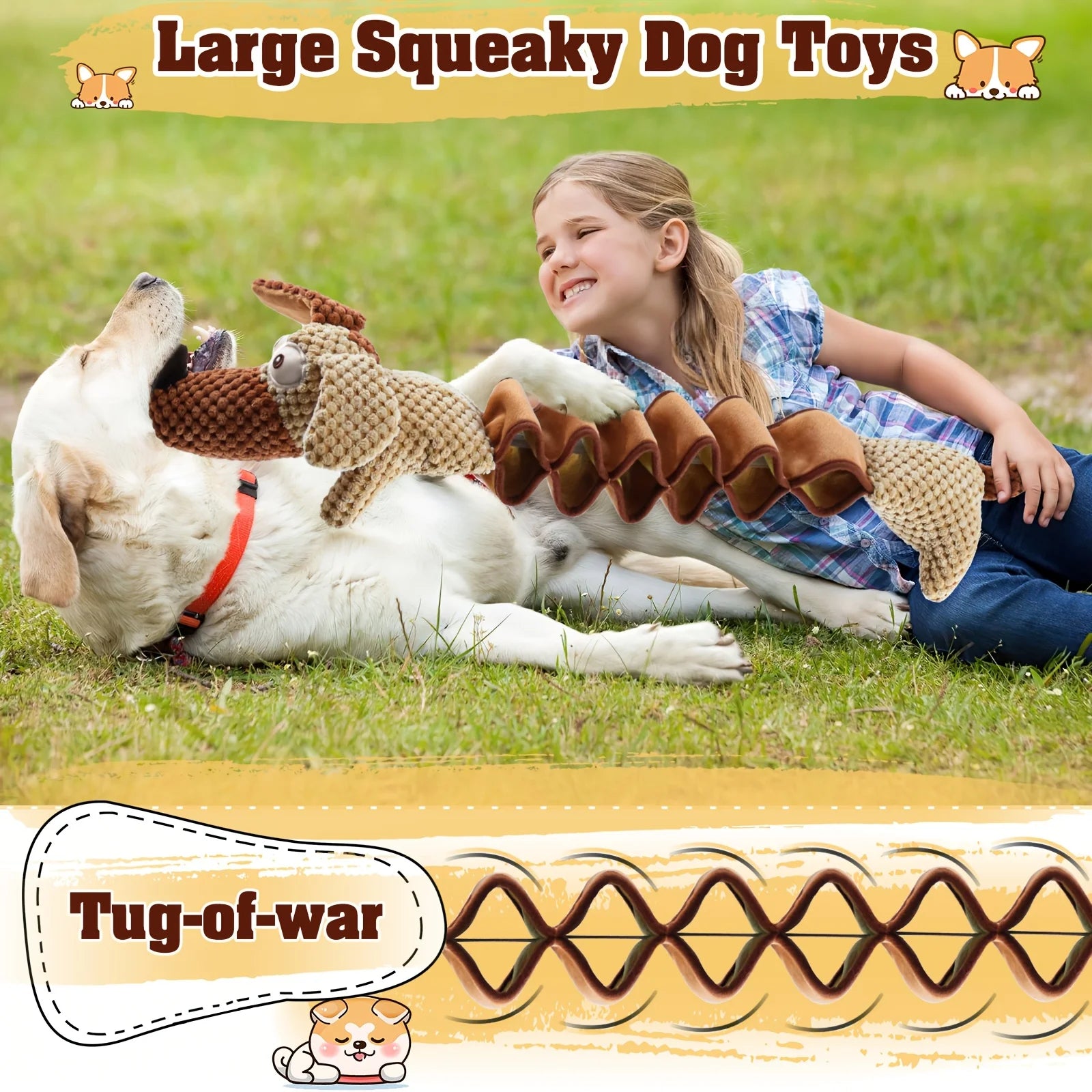 Stretchy Squeaky Plush Dog Toy with Crinkle - No Battery Chew Toy for All Breed Sizes, Durable Pull Play Design