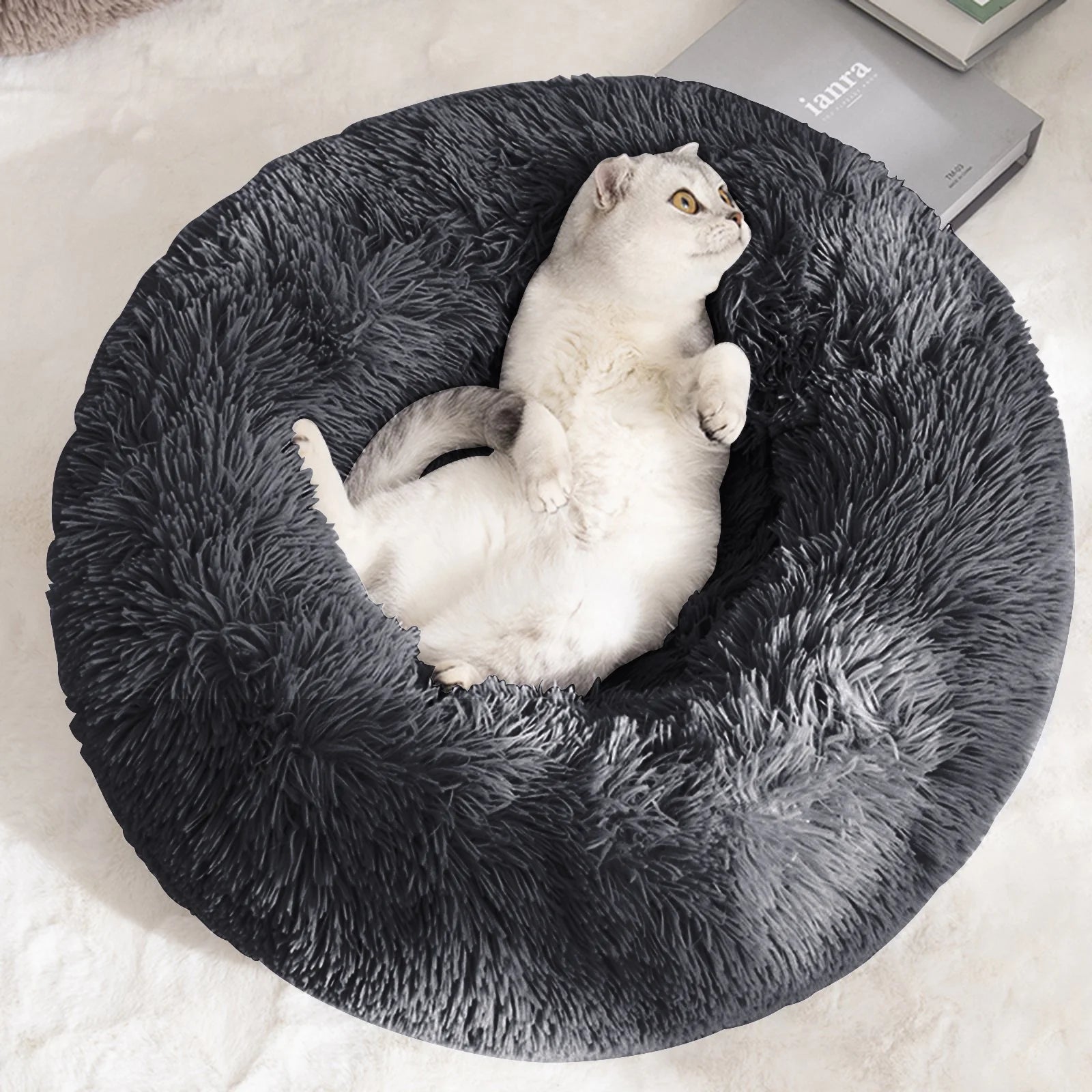 Calming Donut Dog Bed Anti-Anxiety, Self Warming, Cozy Soft Plush round Pet Bed, Ideal for Both Home & Travel, 24"L X 24"W X 8"H