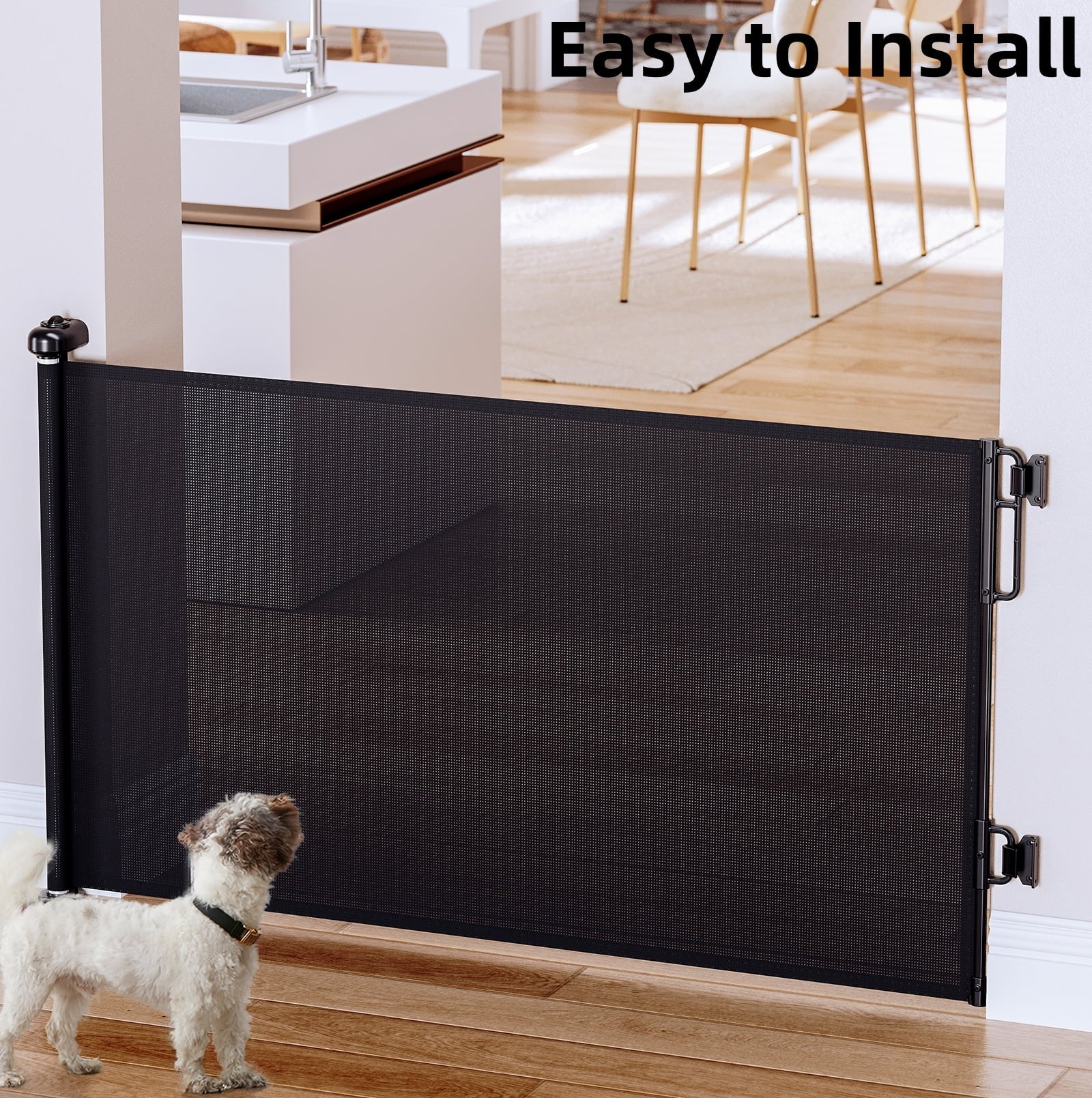 55-Inch Wide Retractable Baby Gate for Doorways, Indoor and Outdoor Mesh Dog Barrier, One-Hand Operable Child Safety Gate for Stairs - Black