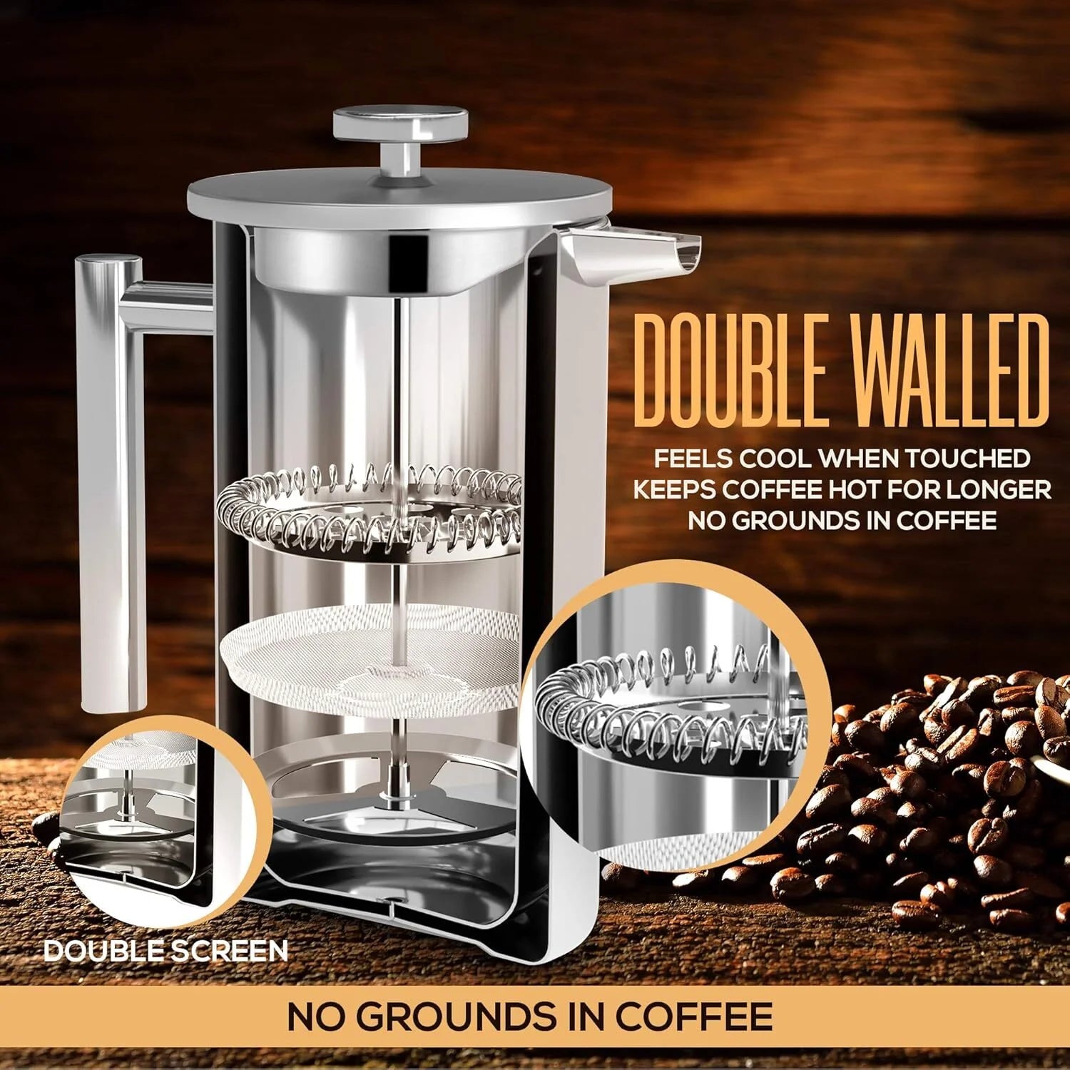 French Press Coffee Maker,  304 Grade Stainless Steel Insulated Coffee Press with 2 Extra Screens, 34Oz