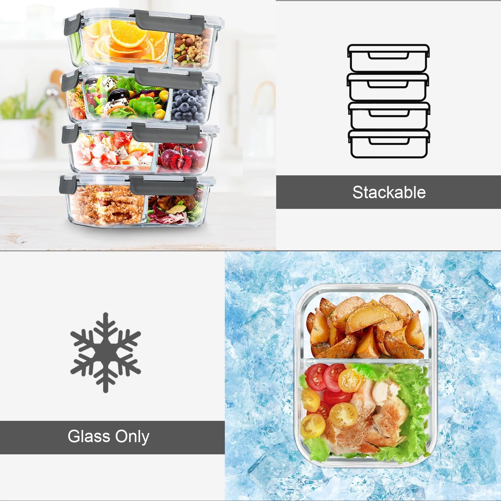 8 Pcs Glass Food Storage Containers with Lids, 2 & 3 Compartment Glass Airtight Meal Prep Containers (4 Containers & 4 Lids), Oven & Freezer Safe, Leak Proof - Grey