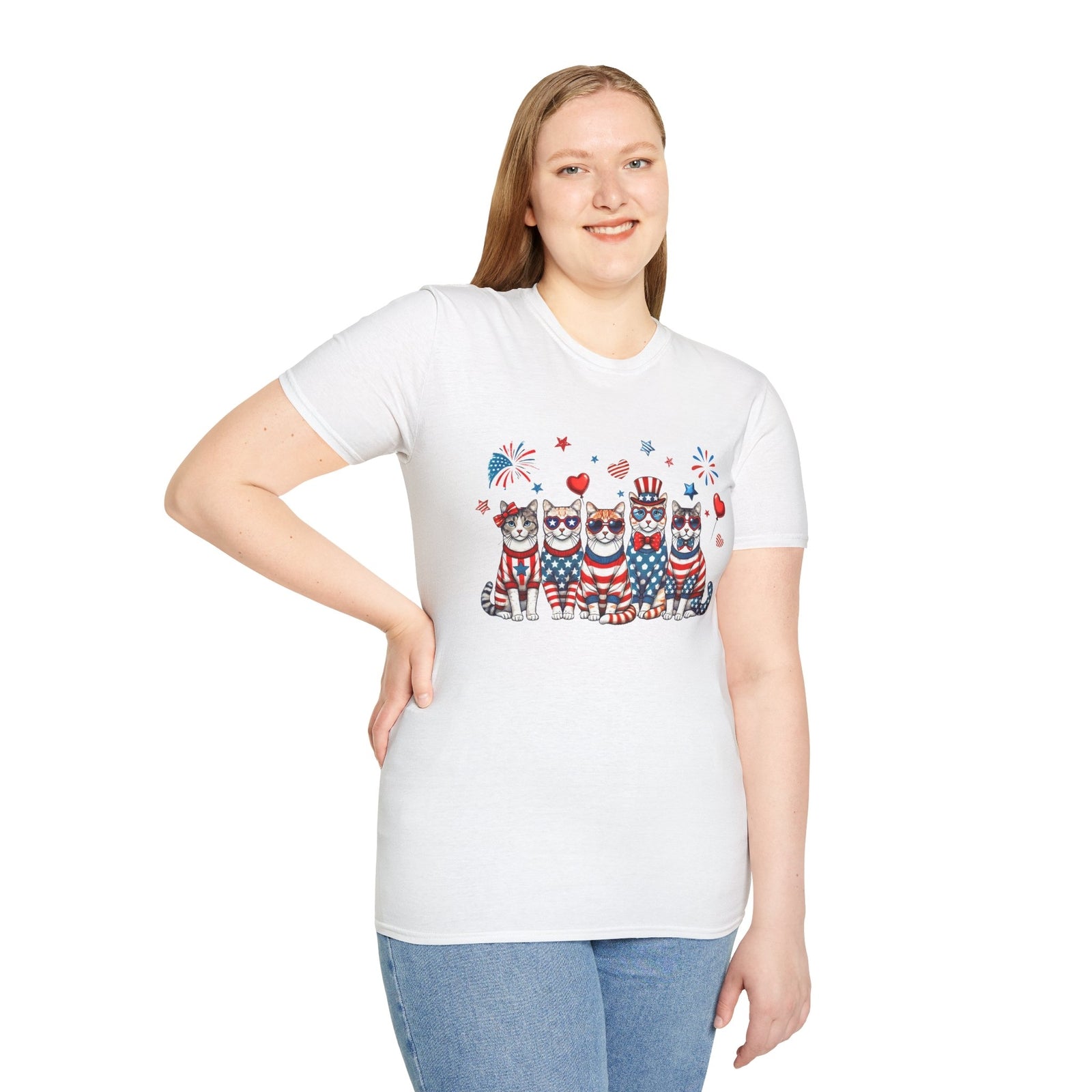 Patriotic Cat Unisex Softstyle T-Shirt for Fourth of July Celebrations