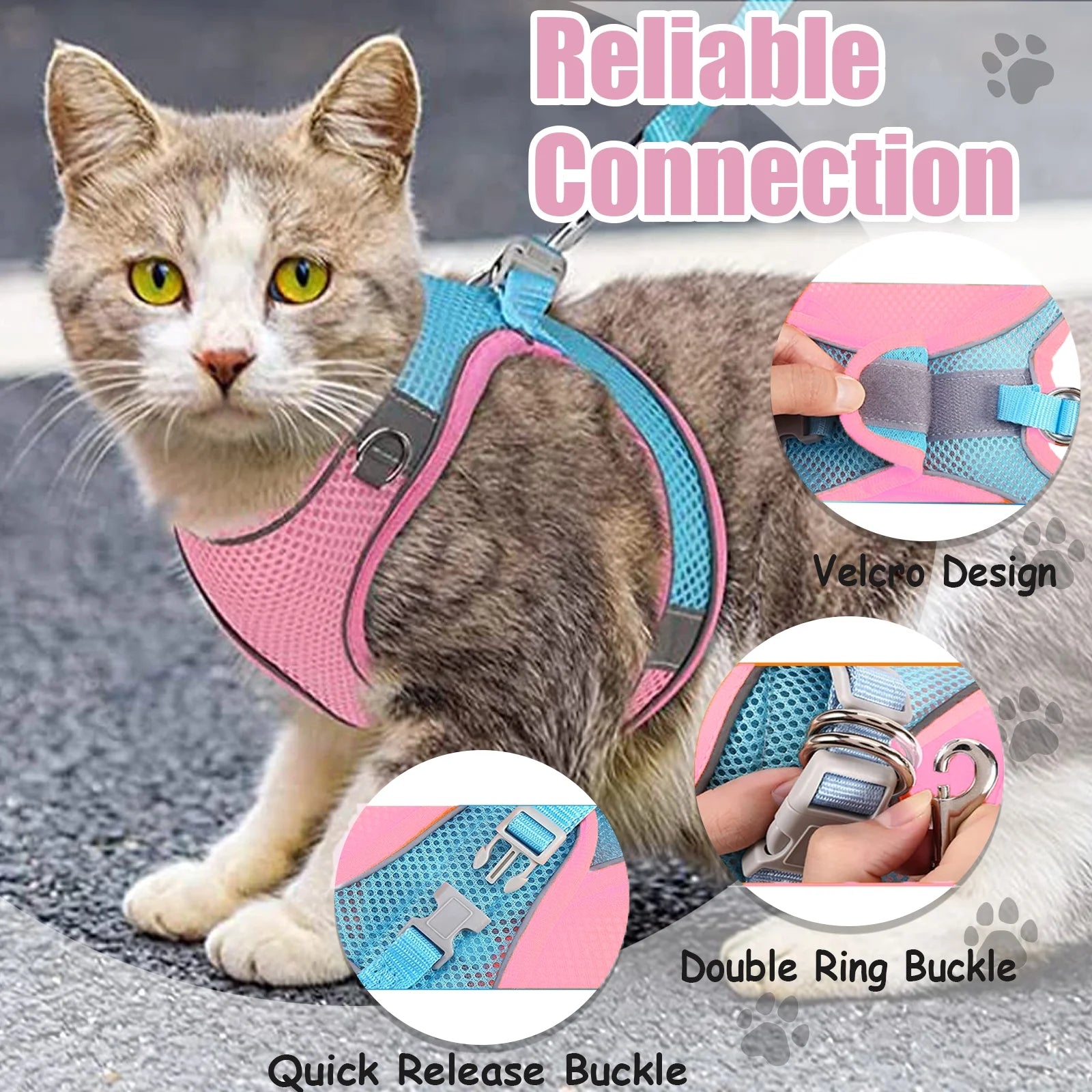 Escape-Proof Cat Harness and Leash Set, Adjustable Reflective Vest for Small and Large Pets, Breathable and Easy Control Design, Pink 2XS