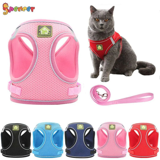 Adjustable No-Pull Pet Harness and Leash Set for Small Dogs and Cats - Reflective Mesh Soft Corduroy for Outdoor Walking and Travel, Pink, Medium