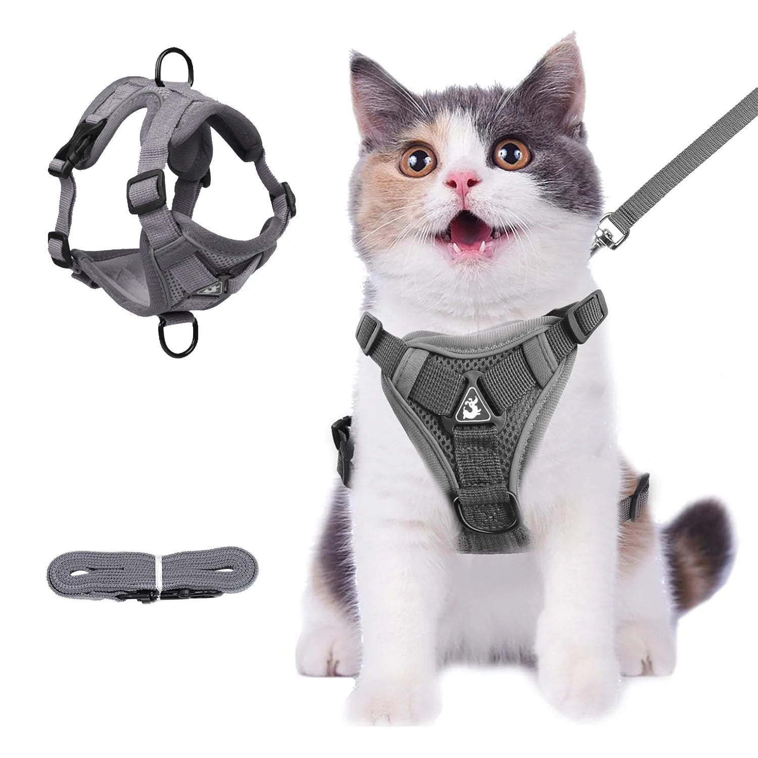 Adjustable Cat and Puppy Harness and Leash Set, Escape-Proof Soft Vest with Reflective Strips, Gray, Medium